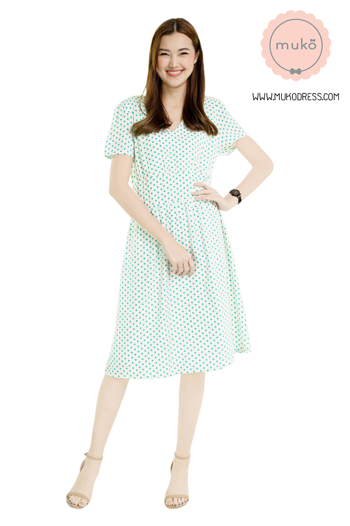 Muko Benette เดรสให้นม คลุมท้อง DZ28-004 ขาวจุดเขียว