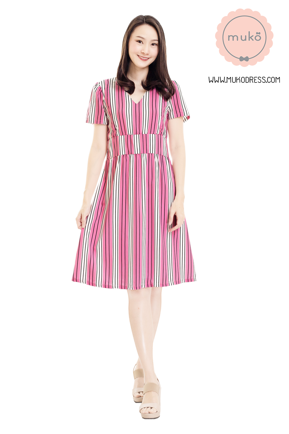 Muko Benette เดรสให้นม คลุมท้อง DZ28-017 ริ้วชมพู