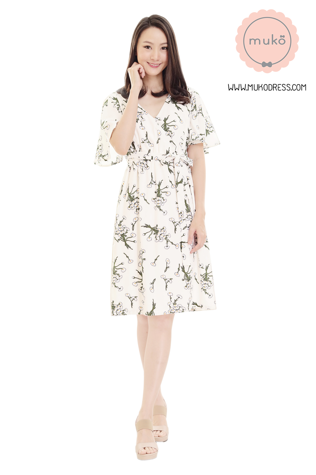 Muko Jaycee เดรสให้นม คลุมท้อง DZ24-016 ขาวดอก