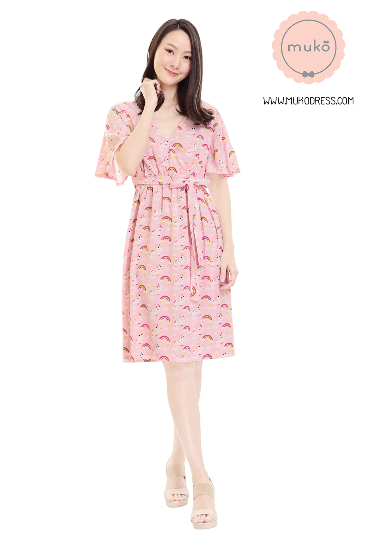 Muko Jaycee เดรสให้นม คลุมท้อง DZ24-023 ชมพูยูนิคอร์น
