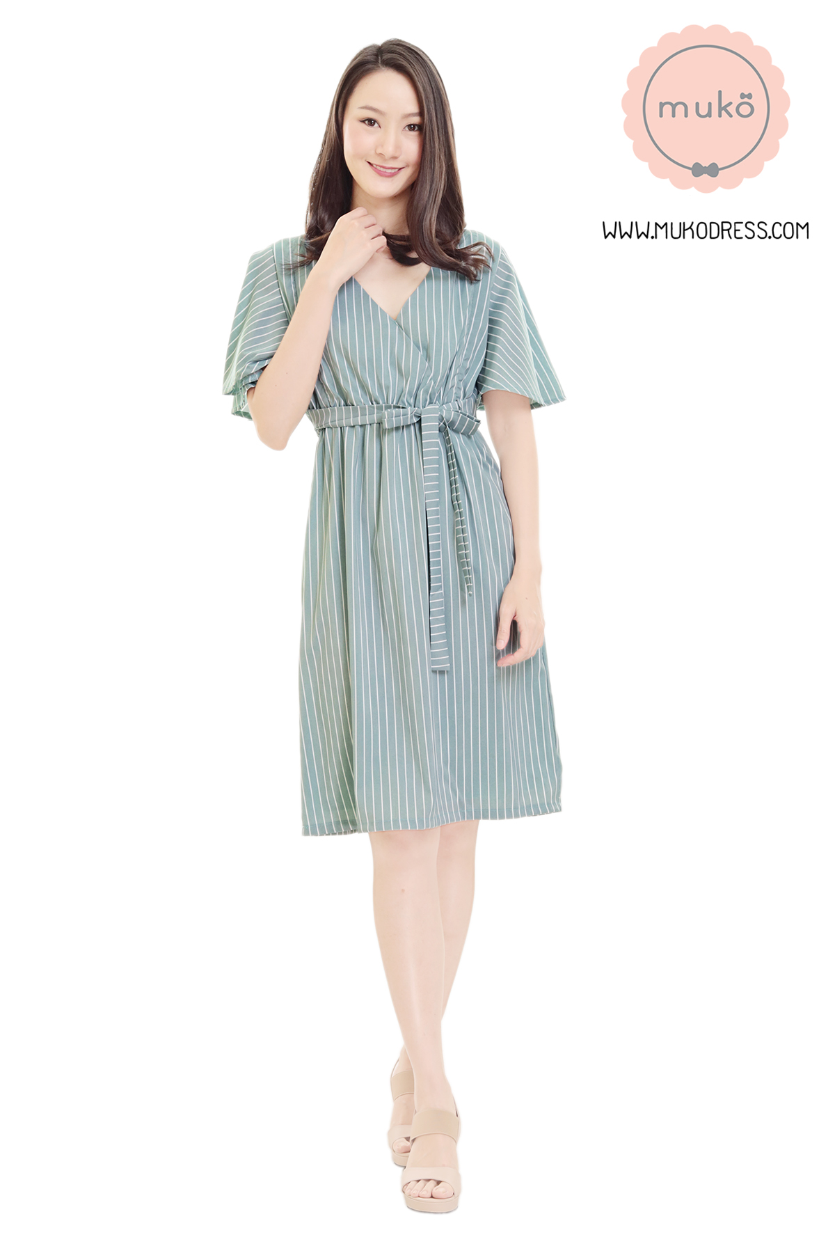 Muko Jaycee เดรสให้นม คลุมท้อง DZ24-026 ริ้วเขียว