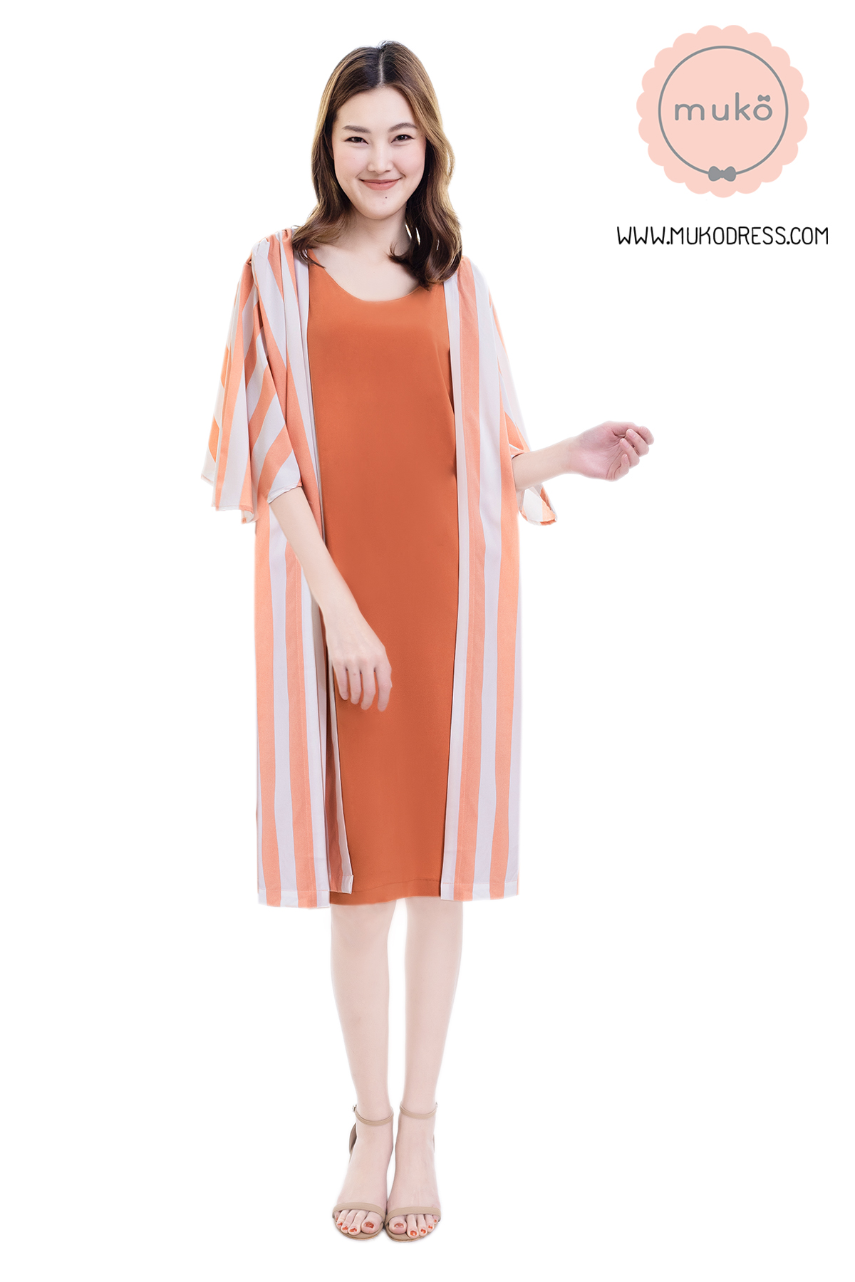 Muko Roselyn เดรสให้นม คลุมท้อง DP09-002 ส้มอิฐ-ริ้วส้ม