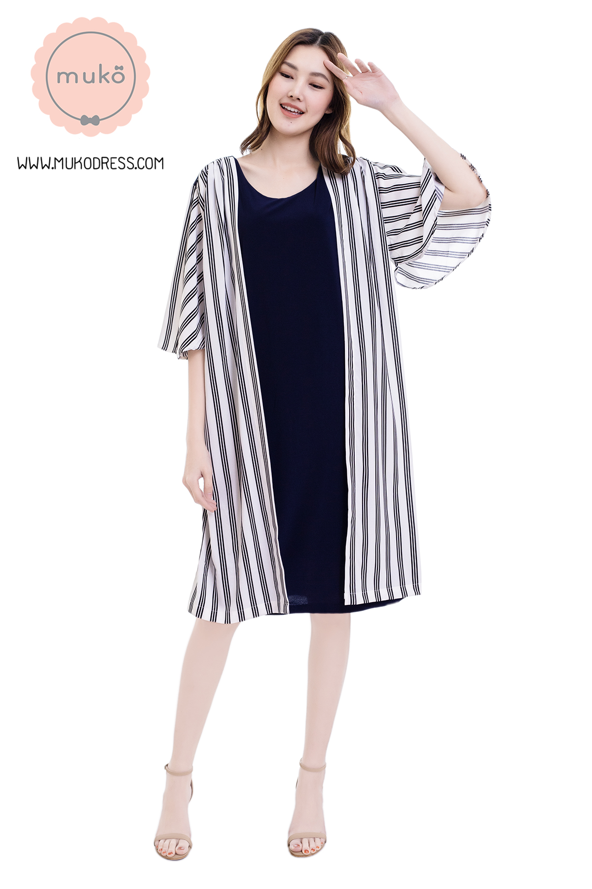Muko Roselyn เดรสให้นม คลุมท้อง DP09-003 กรม-ริ้วขาวดำ Muko Roselyn เดรสให้นม คลุมท้อง DP09-003 กรม-ริ้วขาวดำ