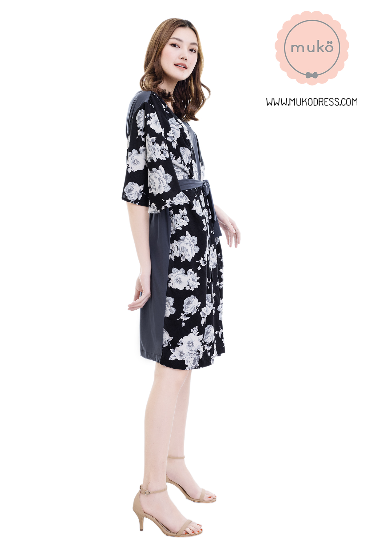 Muko Roselyn เดรสให้นม คลุมท้อง DP09-005 เทา-ดำดอก
