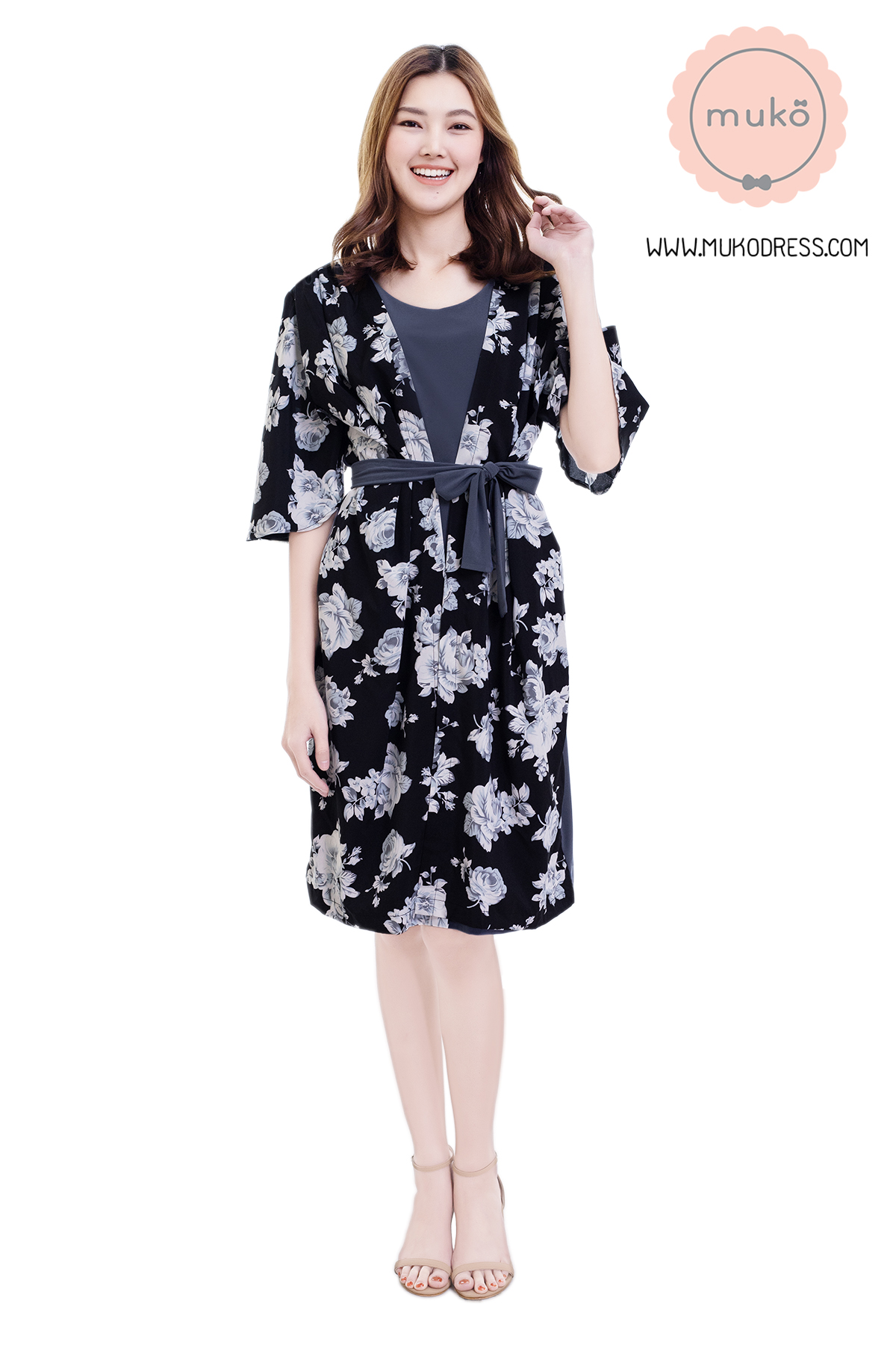 Muko Roselyn เดรสให้นม คลุมท้อง DP09-005 เทา-ดำดอก