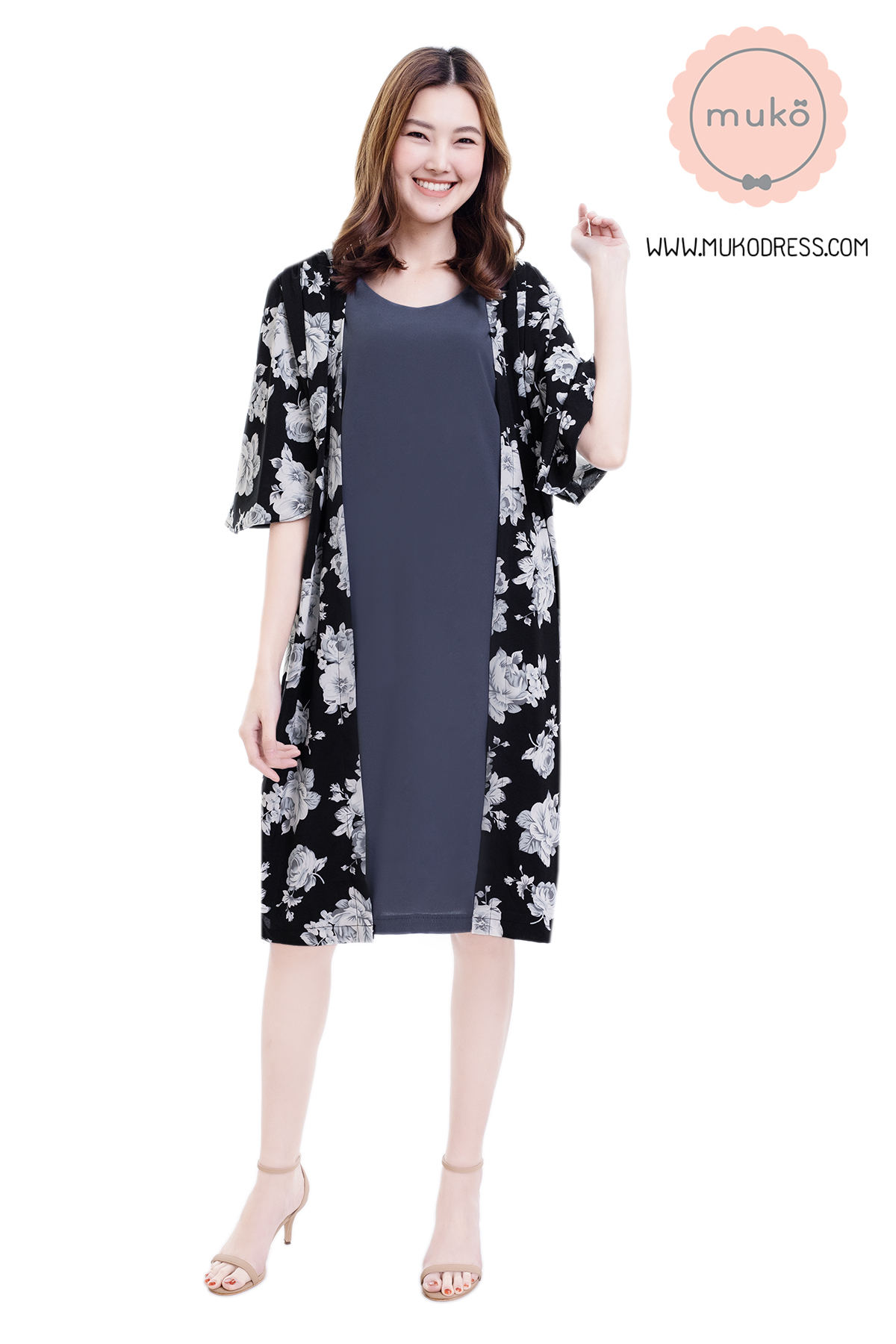 Muko Roselyn เดรสให้นม คลุมท้อง DP09-005 เทา-ดำดอก