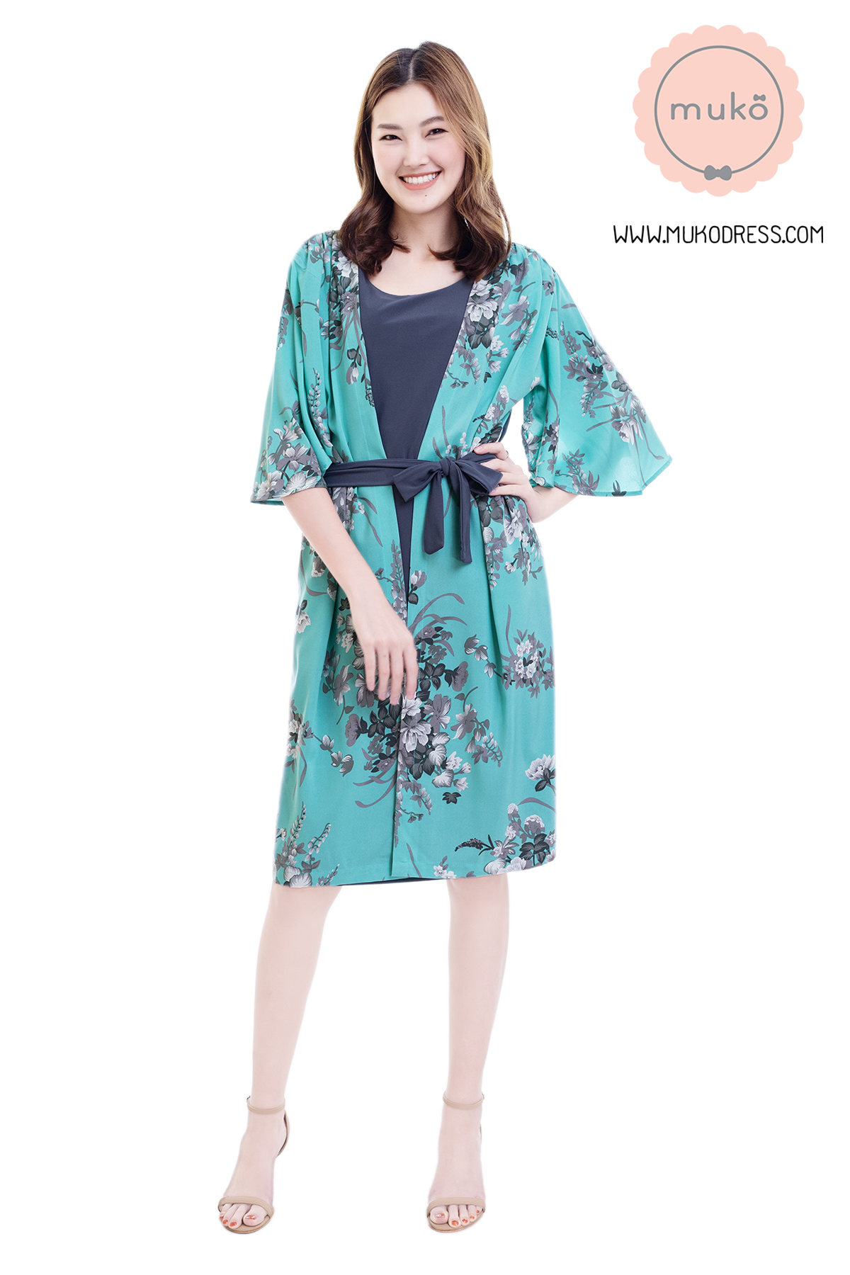 Muko Roselyn เดรสให้นม คลุมท้อง DP09-006 เทา-เขียวดอก