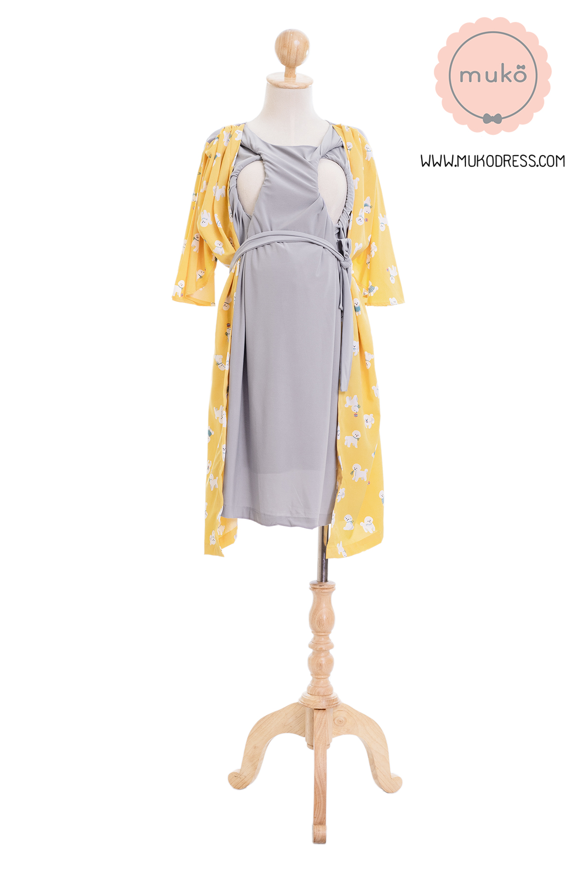 Muko Roselyn เดรสให้นม คลุมท้อง DP09-007 เทา-เหลืองหมาขาว