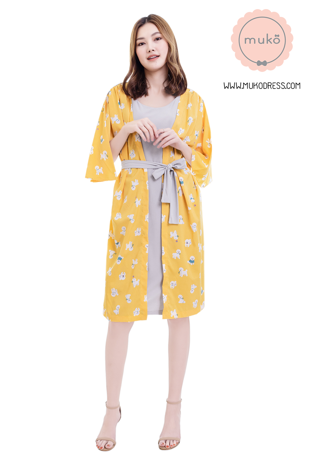 Muko Roselyn เดรสให้นม คลุมท้อง DP09-007 เทา-เหลืองหมาขาว