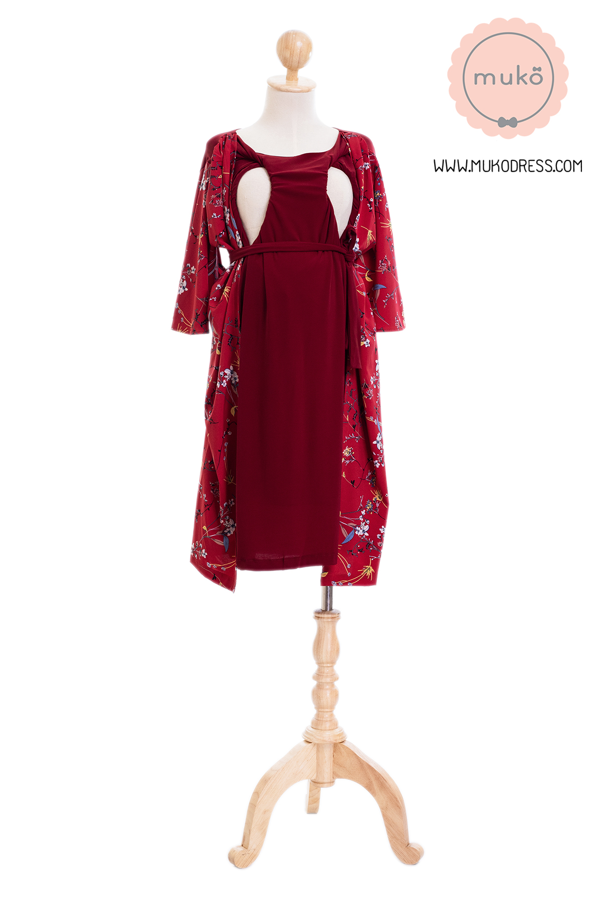 Muko Roselyn เดรสให้นม คลุมท้อง DP09-009 แดงเลือดหมู-แดงดอก