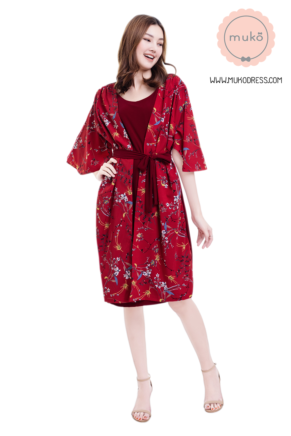 Muko Roselyn เดรสให้นม คลุมท้อง DP09-009 แดงเลือดหมู-แดงดอก