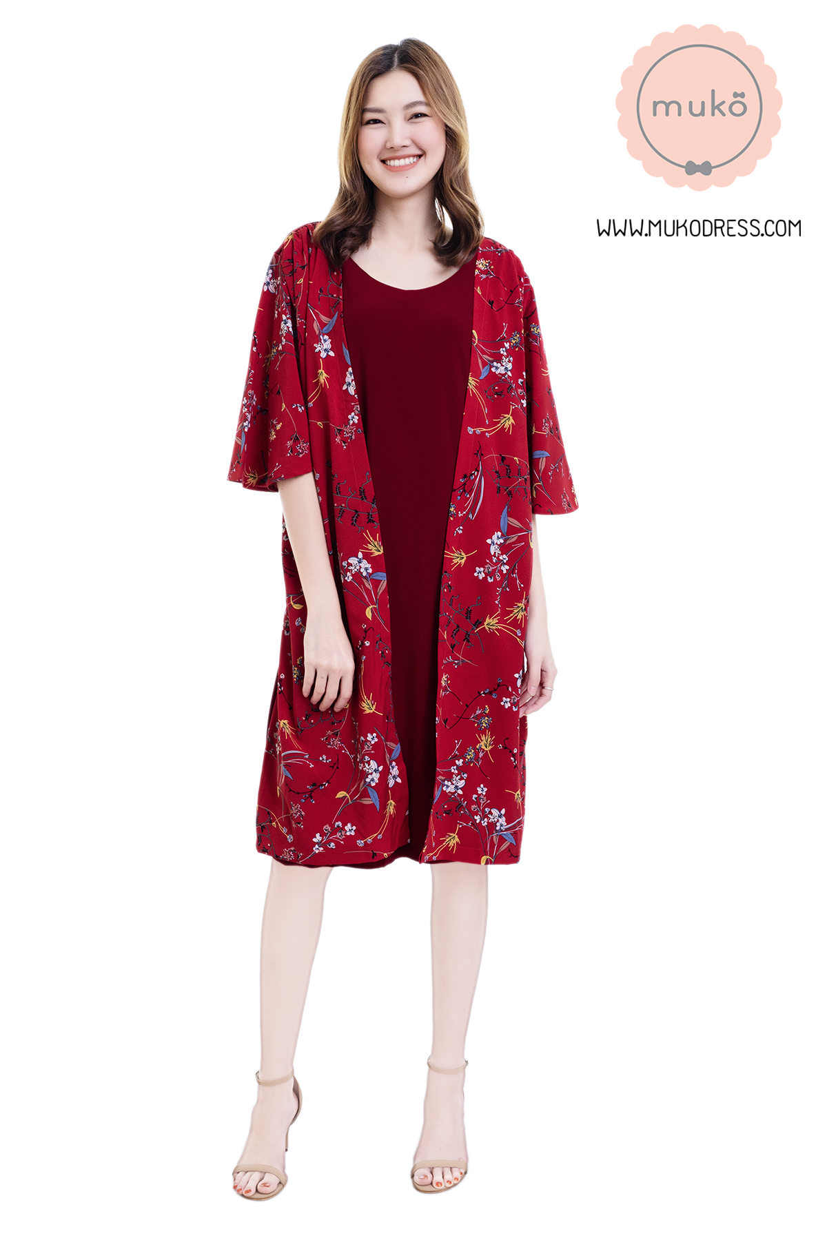 Muko Roselyn เดรสให้นม คลุมท้อง DP09-009 แดงเลือดหมู-แดงดอก