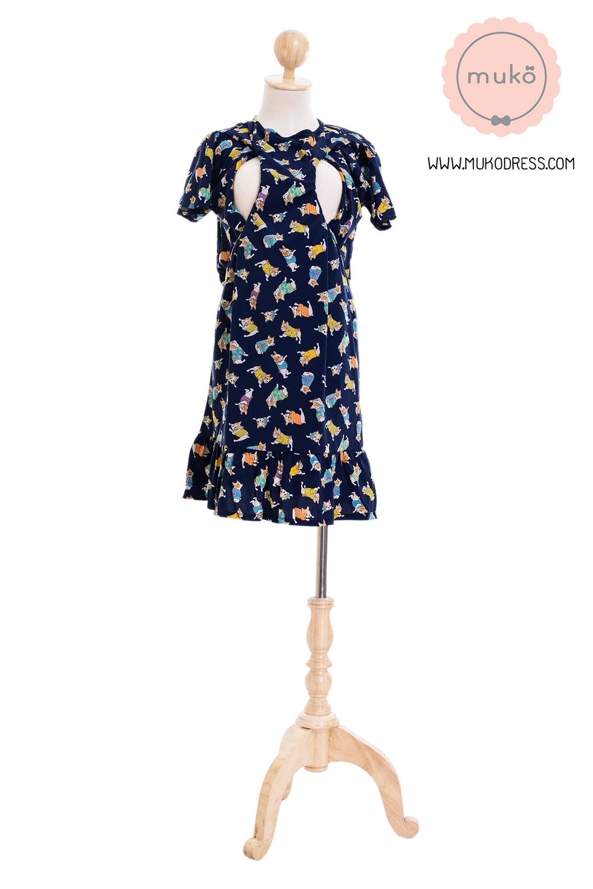 Muko Sakura เดรสเปิดให้นมคลุมท้อง (ไหมอิตาลีพรีเมี่ยม) DZ40-001 กรมลายหมา