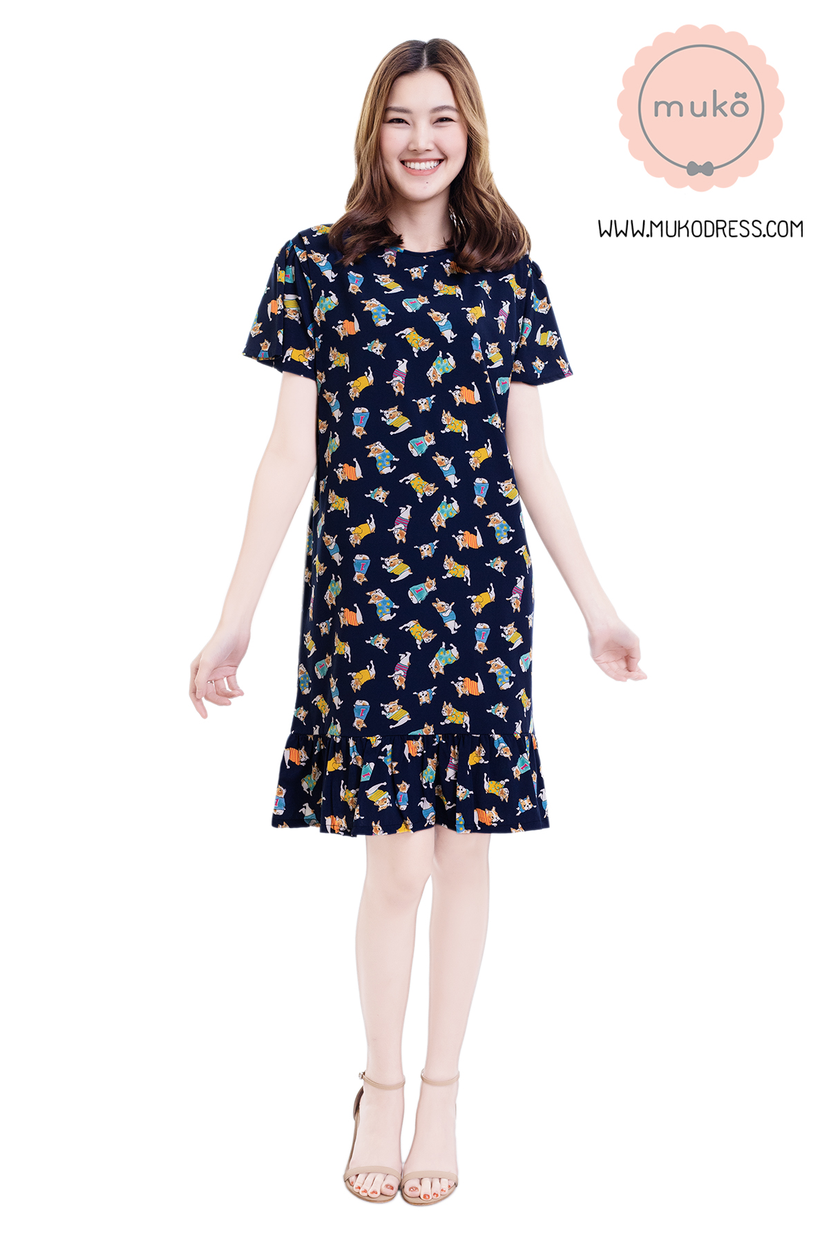 Muko Sakura เดรสเปิดให้นมคลุมท้อง (ไหมอิตาลีพรีเมี่ยม) DZ40-001 กรมลายหมา