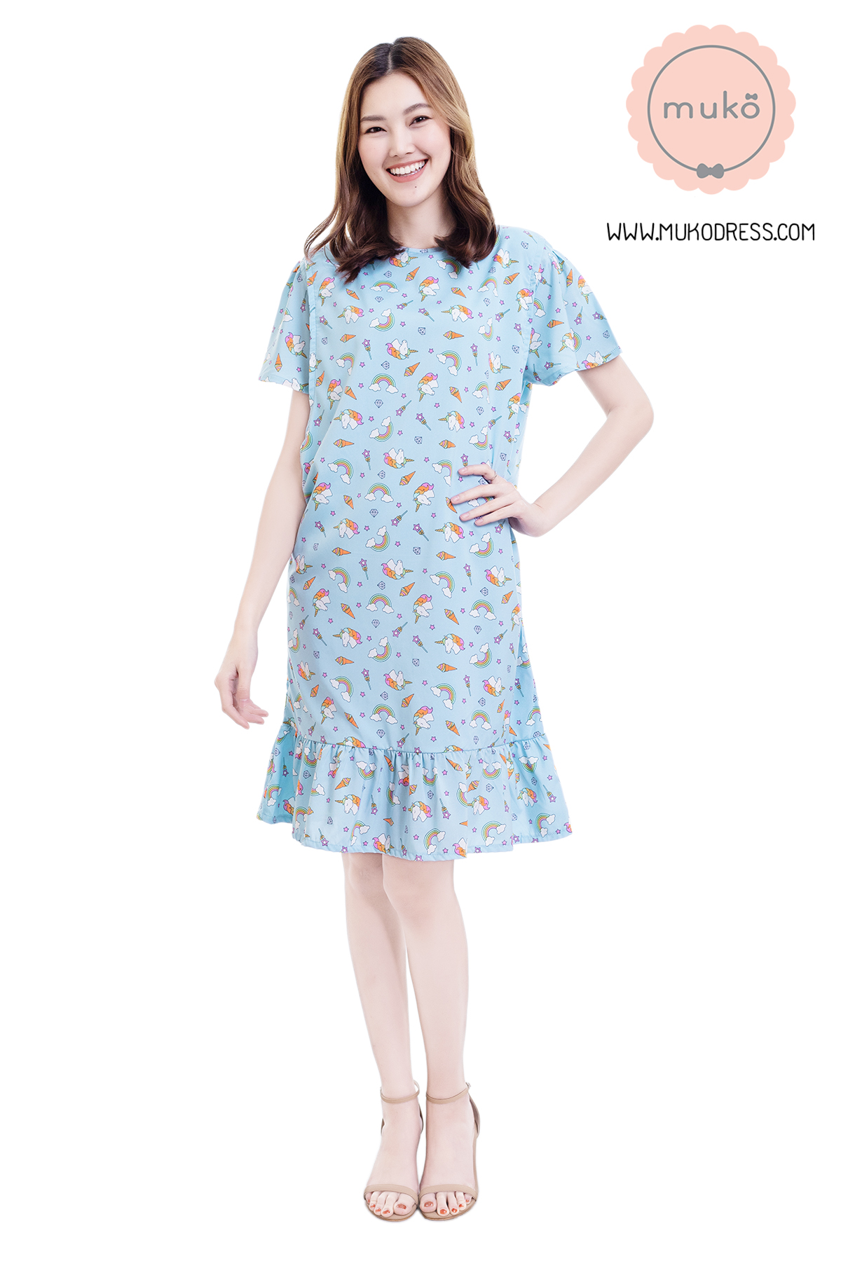 Muko Sakura เดรสเปิดให้นมคลุมท้อง (ไหมอิตาลีพรีเมี่ยม) DZ40-003 ฟ้ายูนิคอร์น