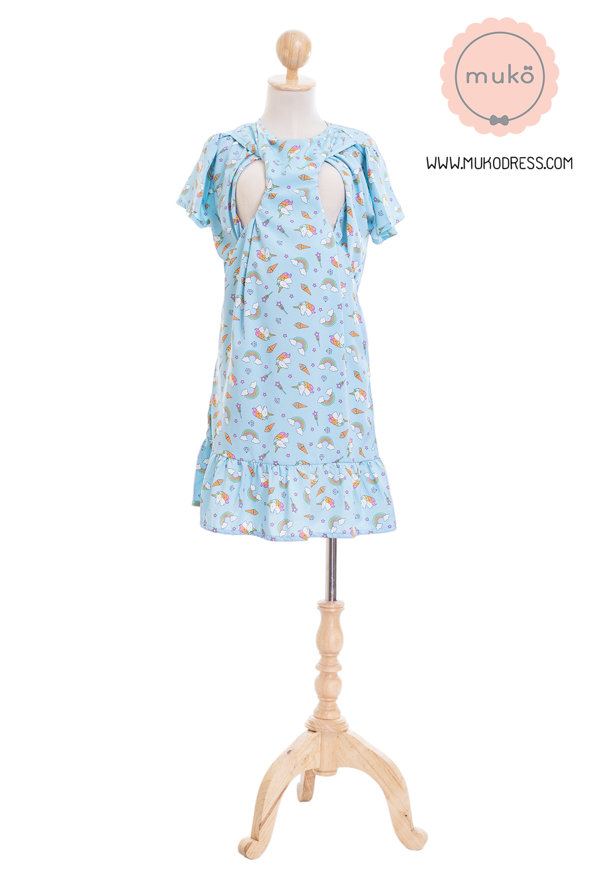 Muko Sakura เดรสเปิดให้นมคลุมท้อง (ไหมอิตาลีพรีเมี่ยม) DZ40-003 ฟ้ายูนิคอร์น