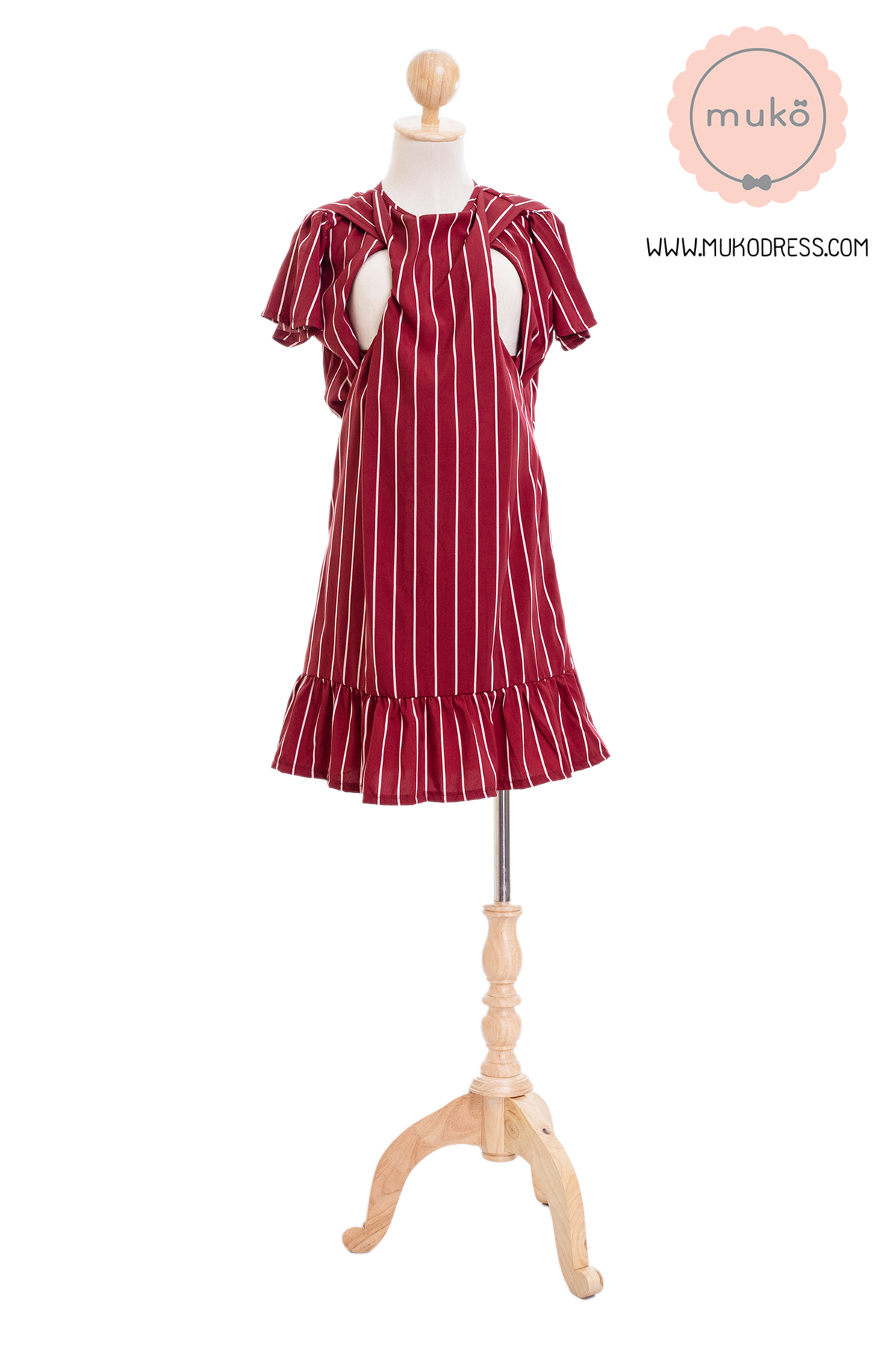 Muko Sakura เดรสเปิดให้นมคลุมท้อง (ไหมอิตาลีพรีเมี่ยม) DZ40-006 ริ้วแดง