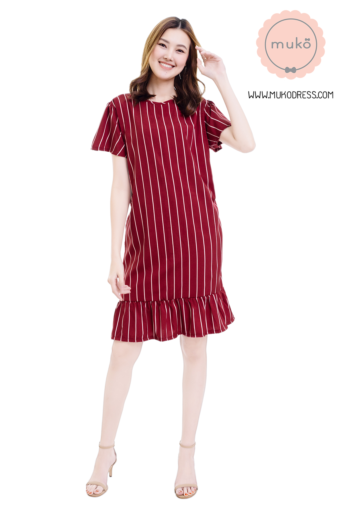 Muko Sakura เดรสเปิดให้นมคลุมท้อง (ไหมอิตาลีพรีเมี่ยม) DZ40-006 ริ้วแดง