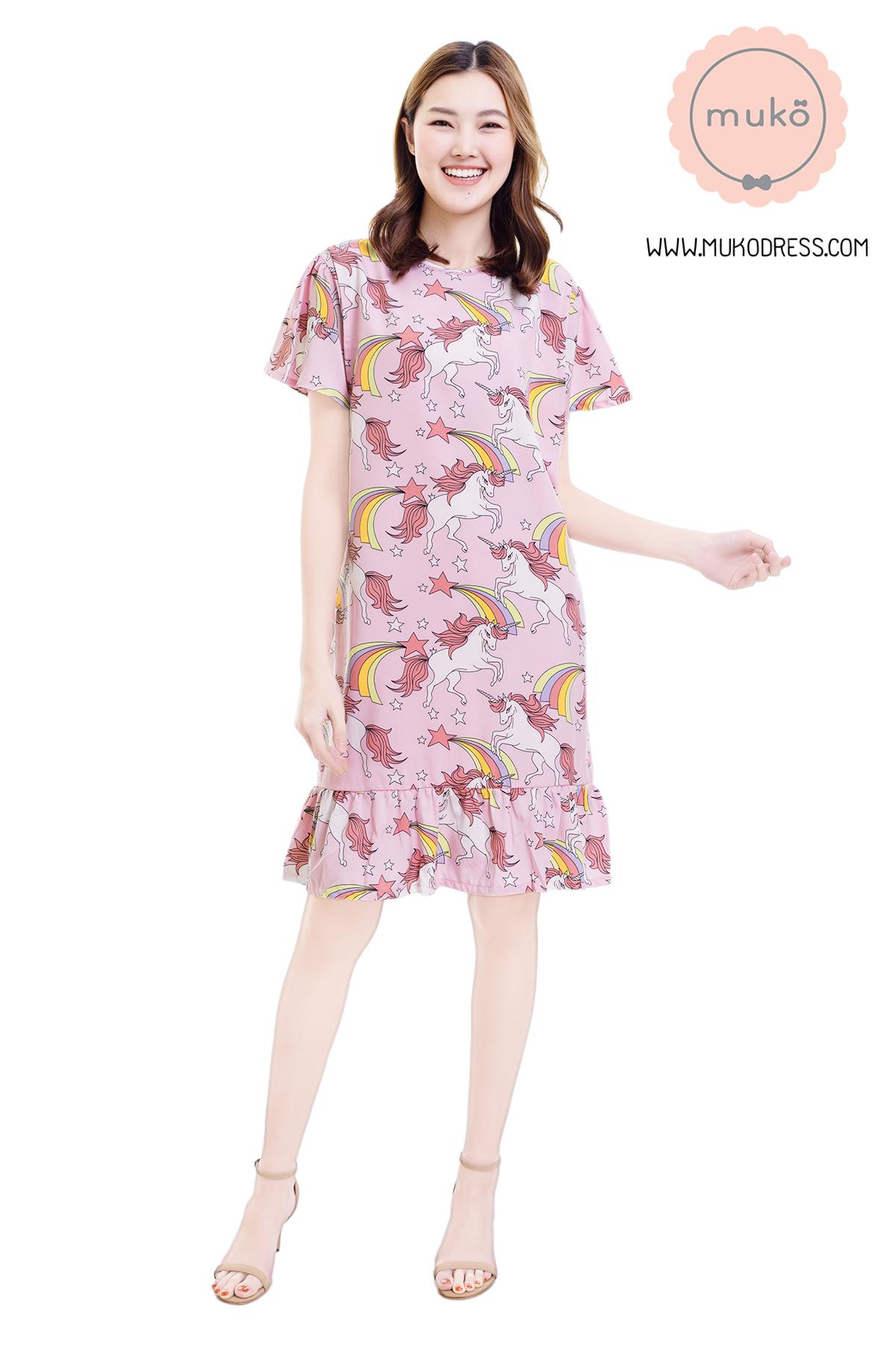Muko Sakura เดรสเปิดให้นมคลุมท้อง (ไหมอิตาลีพรีเมี่ยม) DZ40-007 ชมพูยูนิคอร์น
