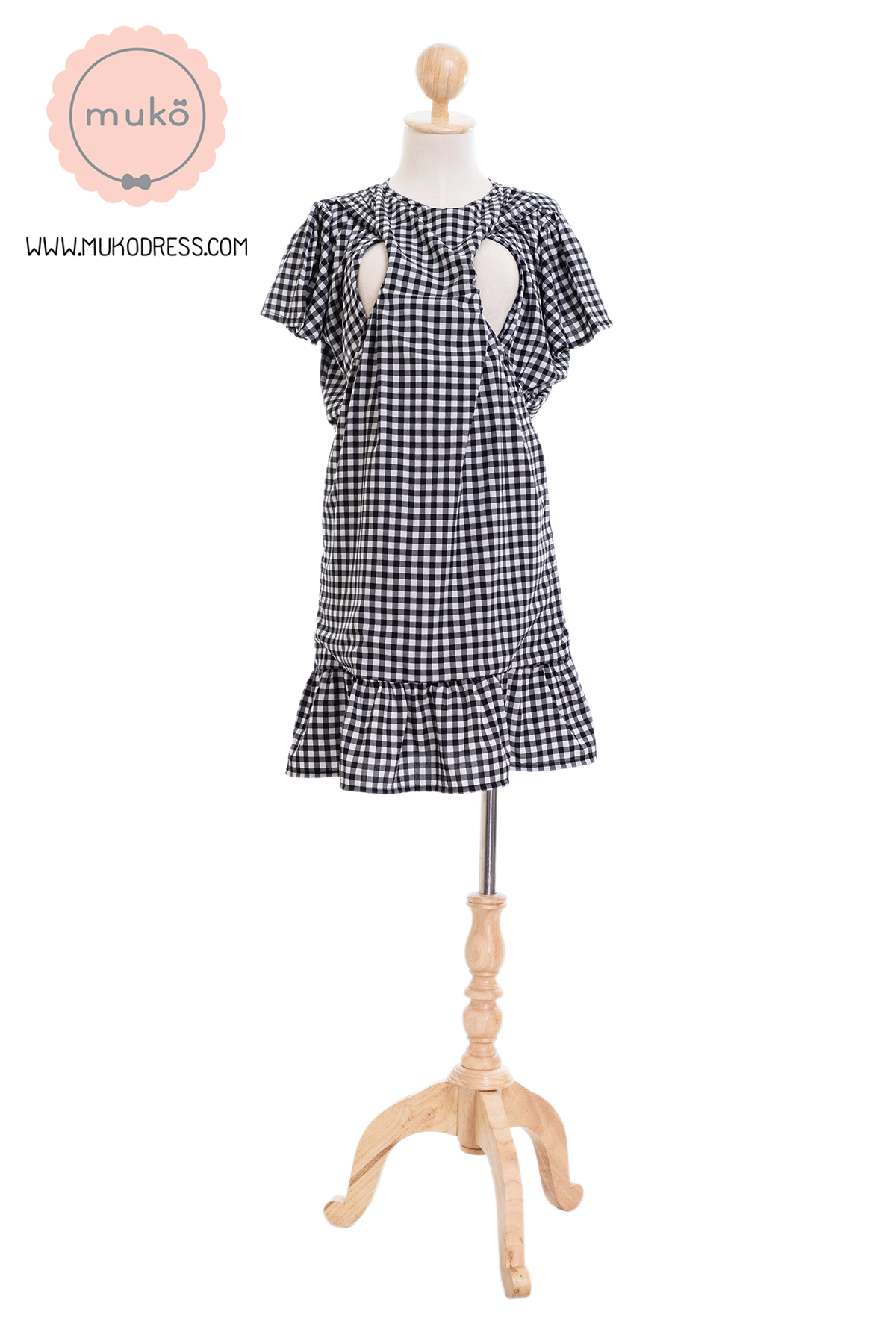 Muko Sakura เดรสเปิดให้นมคลุมท้อง (ไหมอิตาลีพรีเมี่ยม) DZ40-009 สก็อตดำ