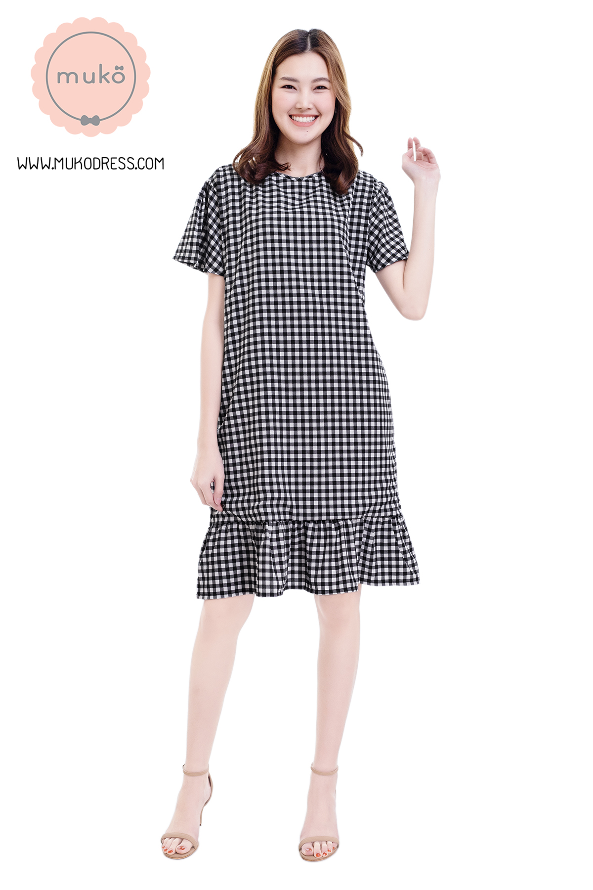 Muko Sakura เดรสเปิดให้นมคลุมท้อง (ไหมอิตาลีพรีเมี่ยม) DZ40-009 สก็อตดำ