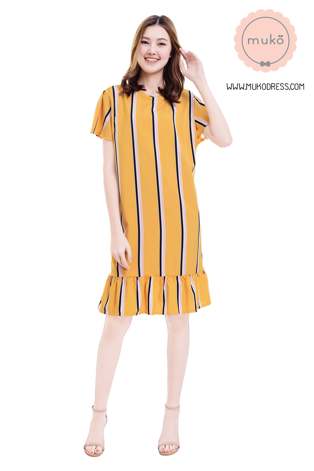 Muko Sakura เดรสเปิดให้นมคลุมท้อง (ไหมอิตาลีพรีเมี่ยม) DZ40-010 ริ้วเหลืองมัสตาร์ด