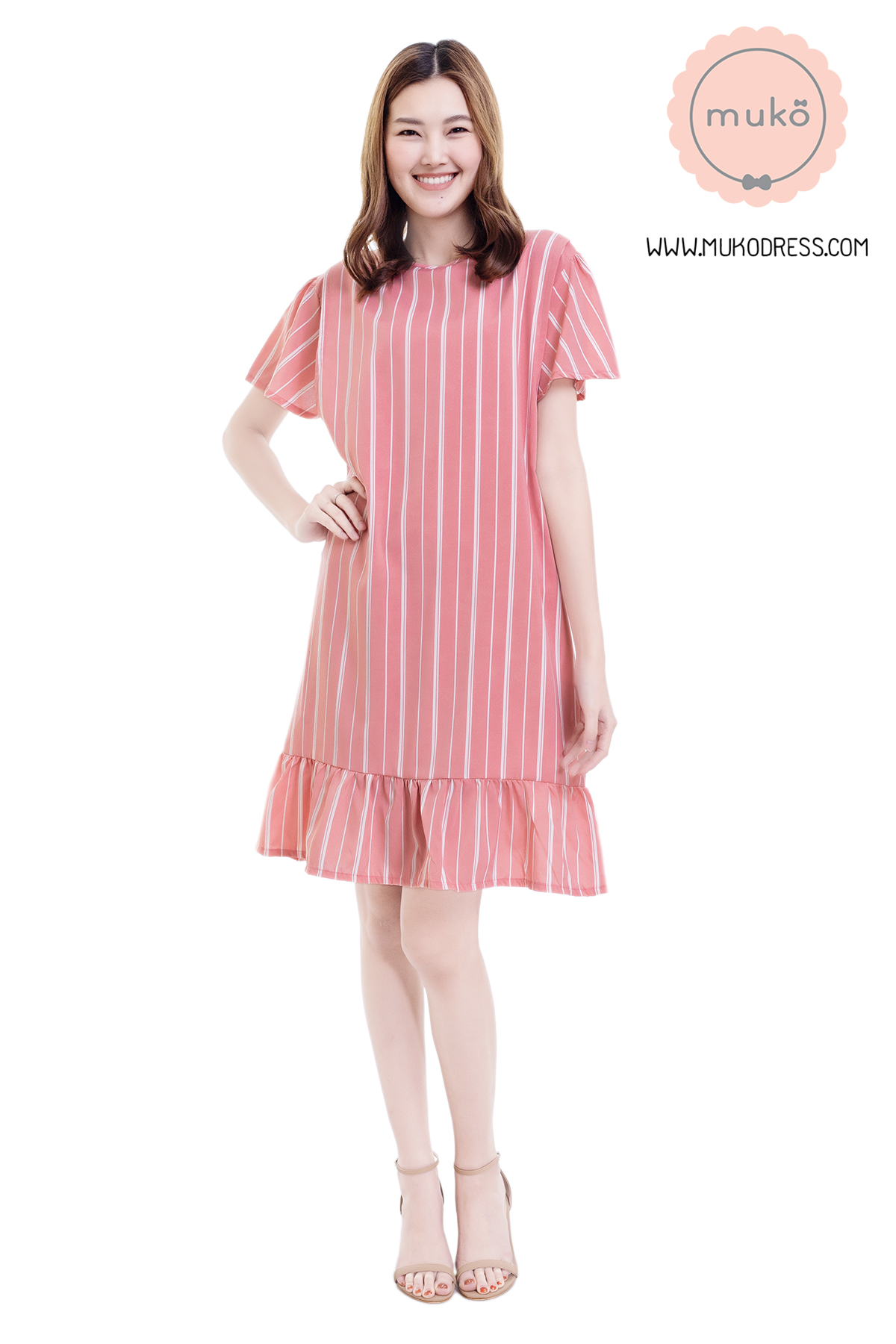 Muko Sakura เดรสเปิดให้นมคลุมท้อง (ไหมอิตาลีพรีเมี่ยม) DZ40-011 ริ้วชมพู