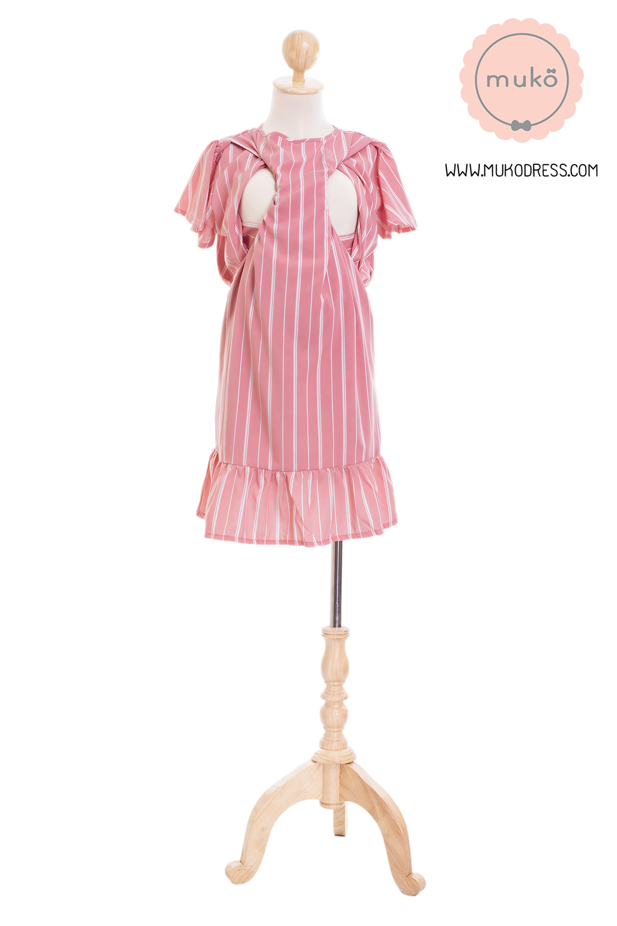 Muko Sakura เดรสเปิดให้นมคลุมท้อง (ไหมอิตาลีพรีเมี่ยม) DZ40-011 ริ้วชมพู