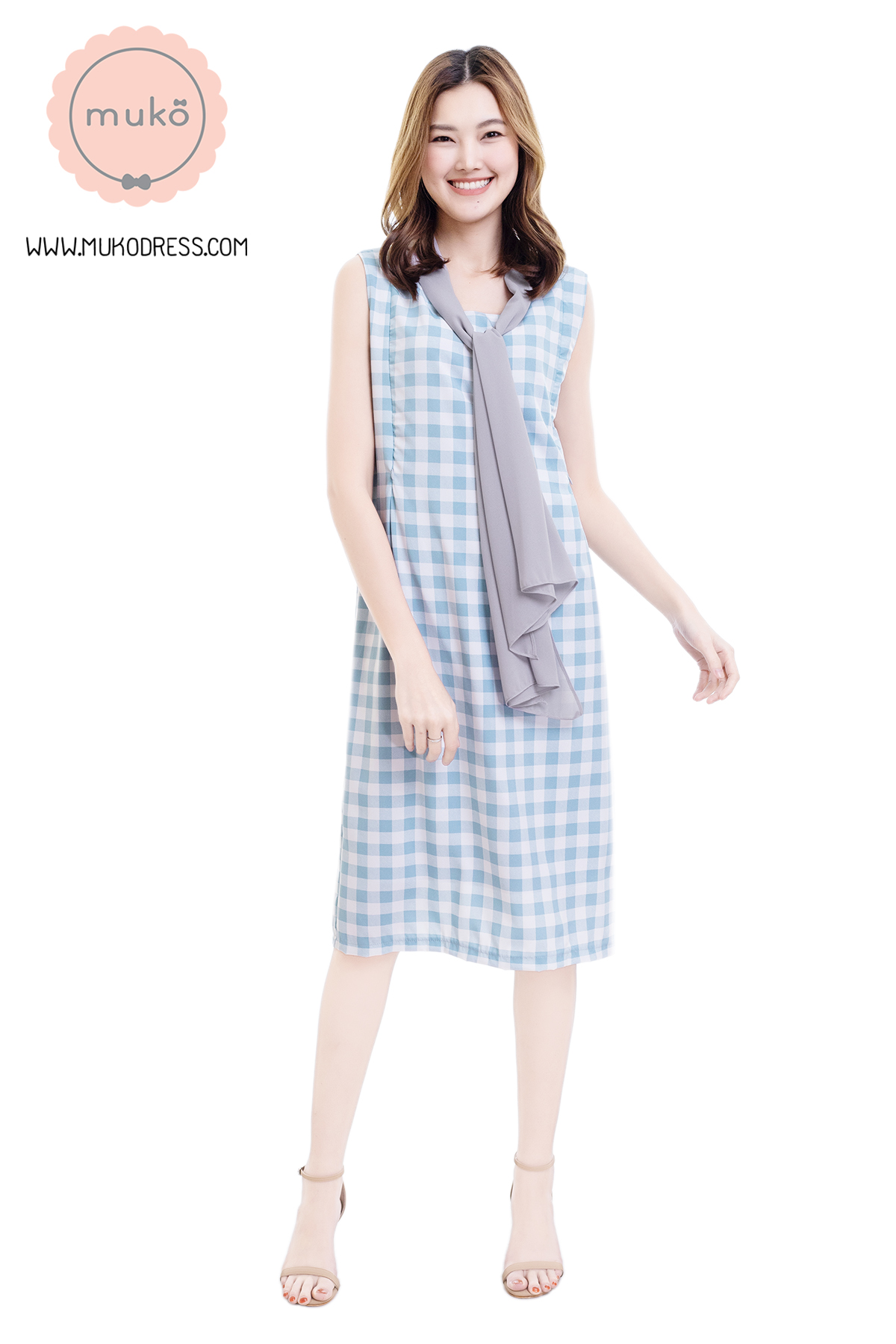 Muko Sugar Bird เดรสให้นม คลุมท้อง DZ41-008 สก็อตฟ้าอ่อน