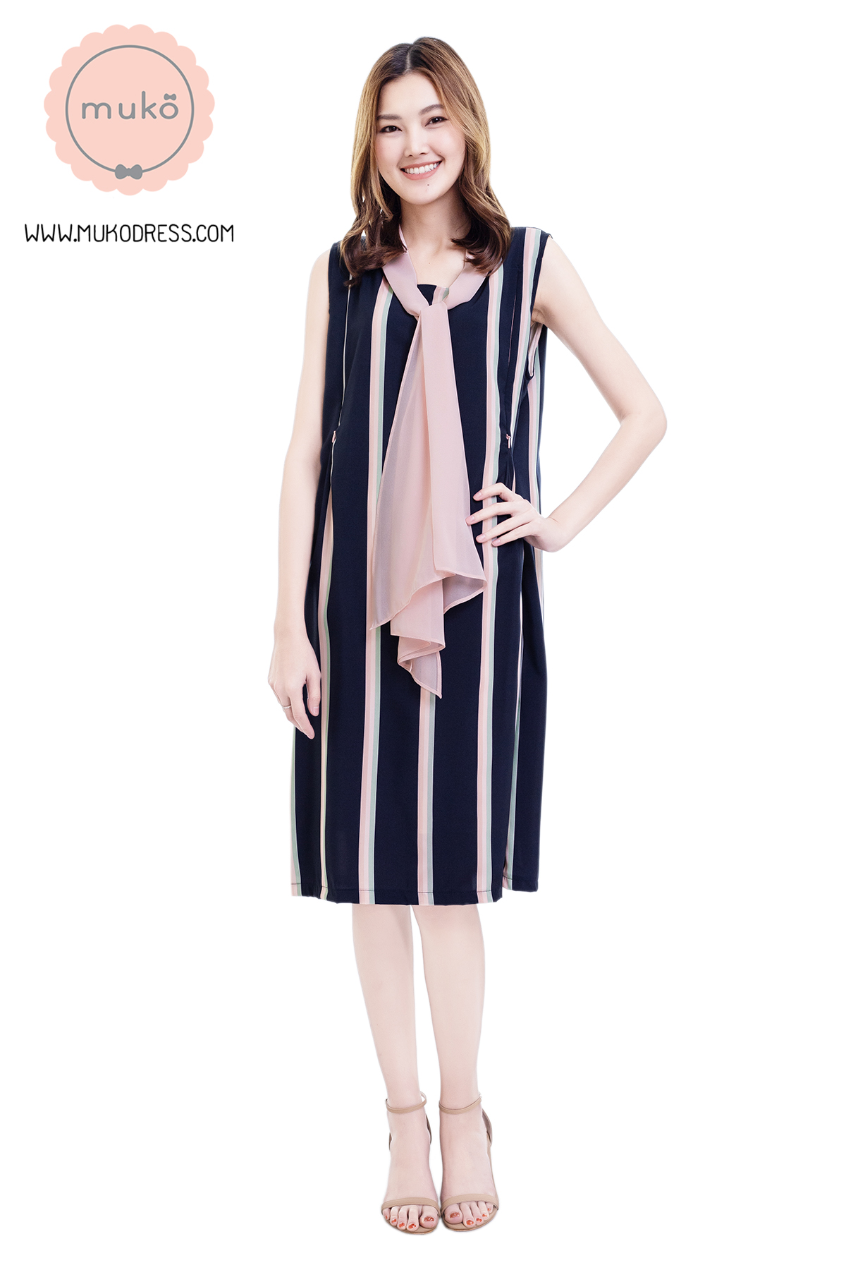Muko Sugar Bird เดรสให้นม คลุมท้อง DZ41-010 ริ้วกรมชมพู