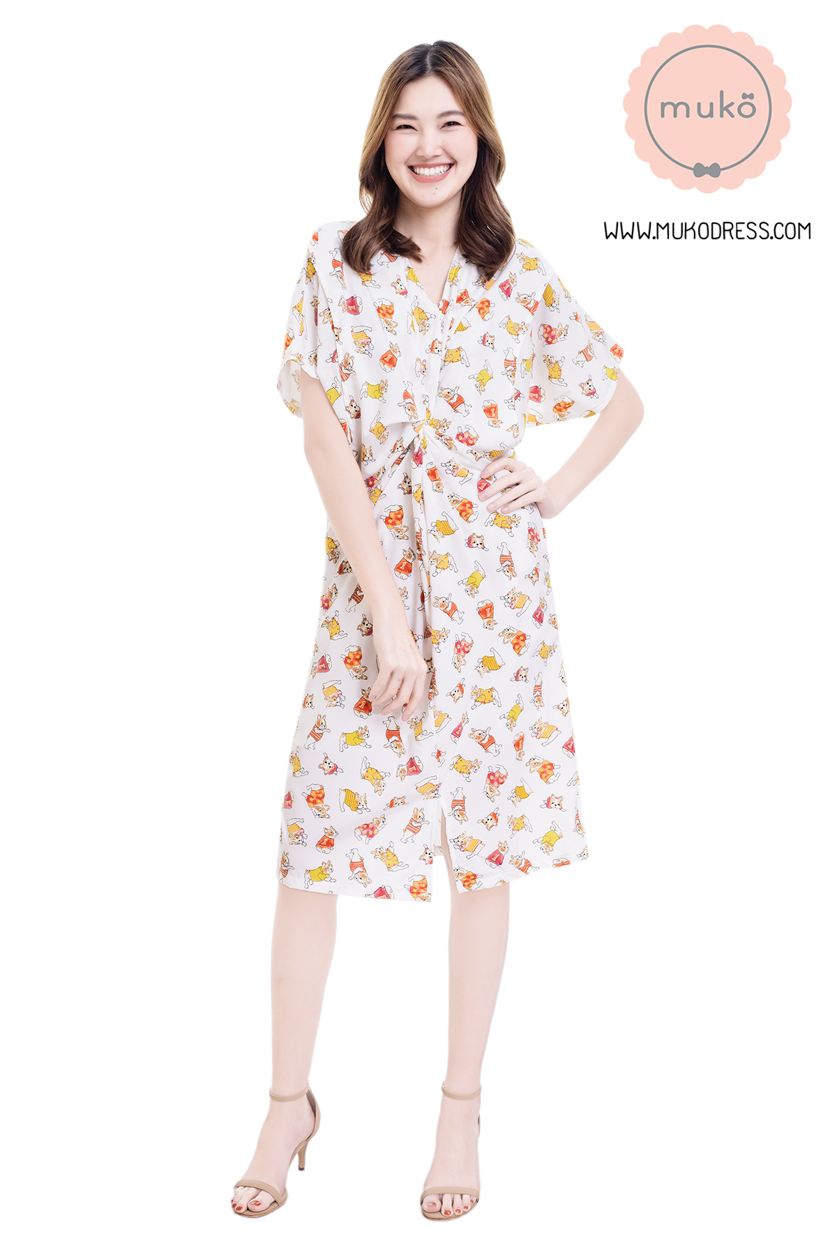 Muko Rose Mallow เดรสเปิดให้นม คลุมท้อง DP05-016 ขาวลายหมา