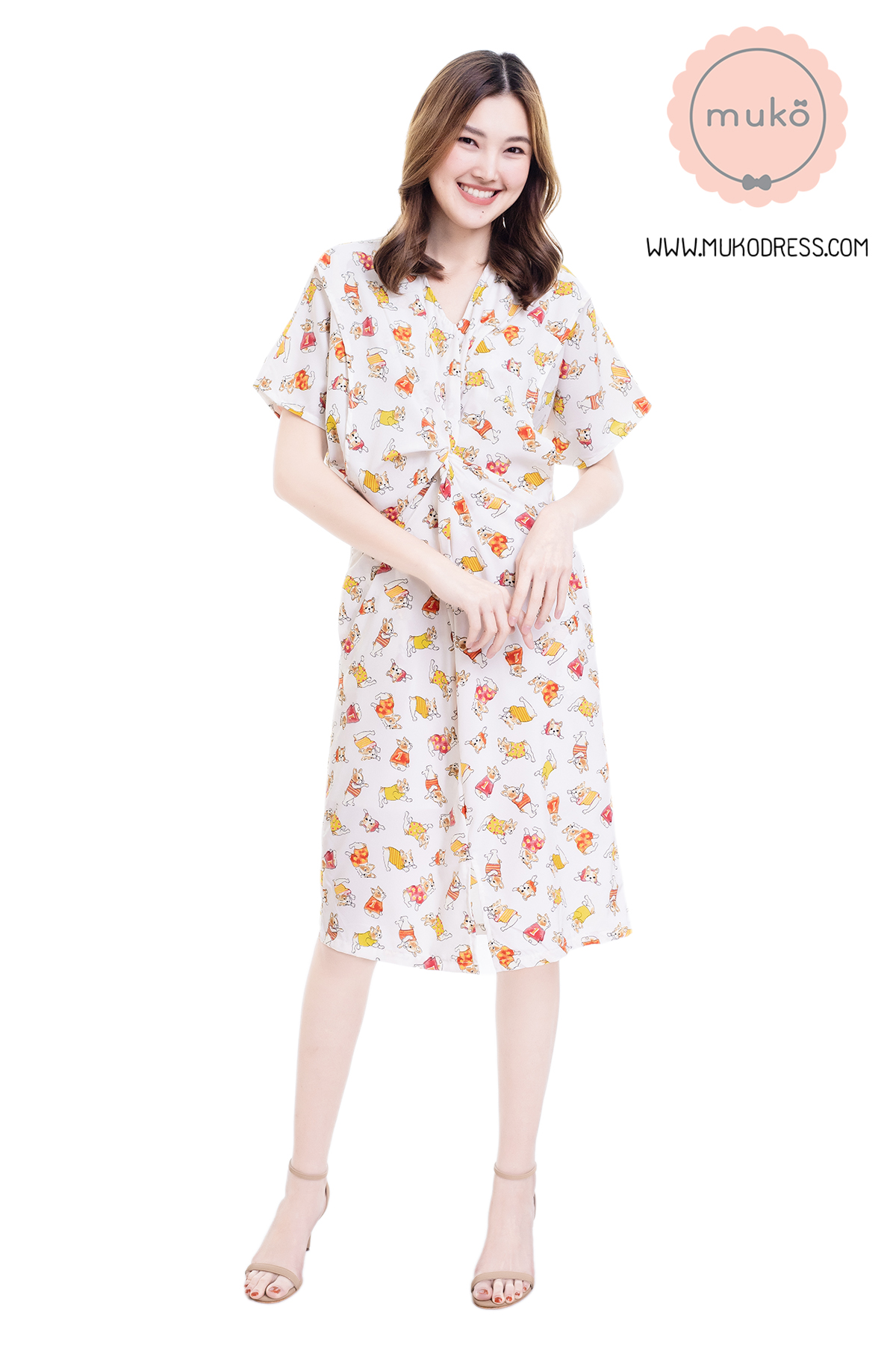 Muko Rose Mallow เดรสเปิดให้นม คลุมท้อง DP05-016 ขาวลายหมา
