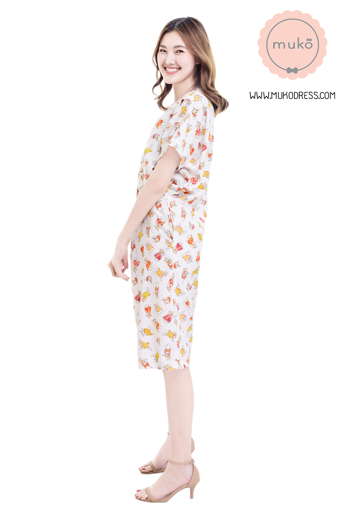 Muko Rose Mallow เดรสเปิดให้นม คลุมท้อง DP05-016 ขาวลายหมา