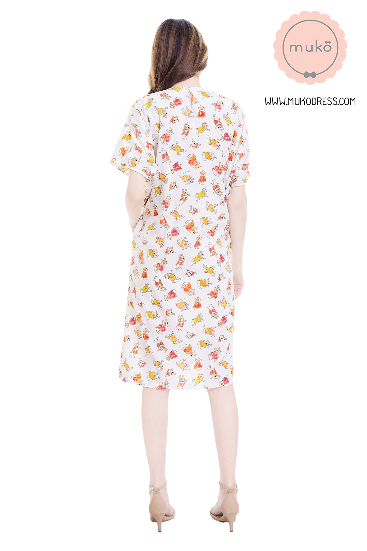 Muko Rose Mallow เดรสเปิดให้นม คลุมท้อง DP05-016 ขาวลายหมา
