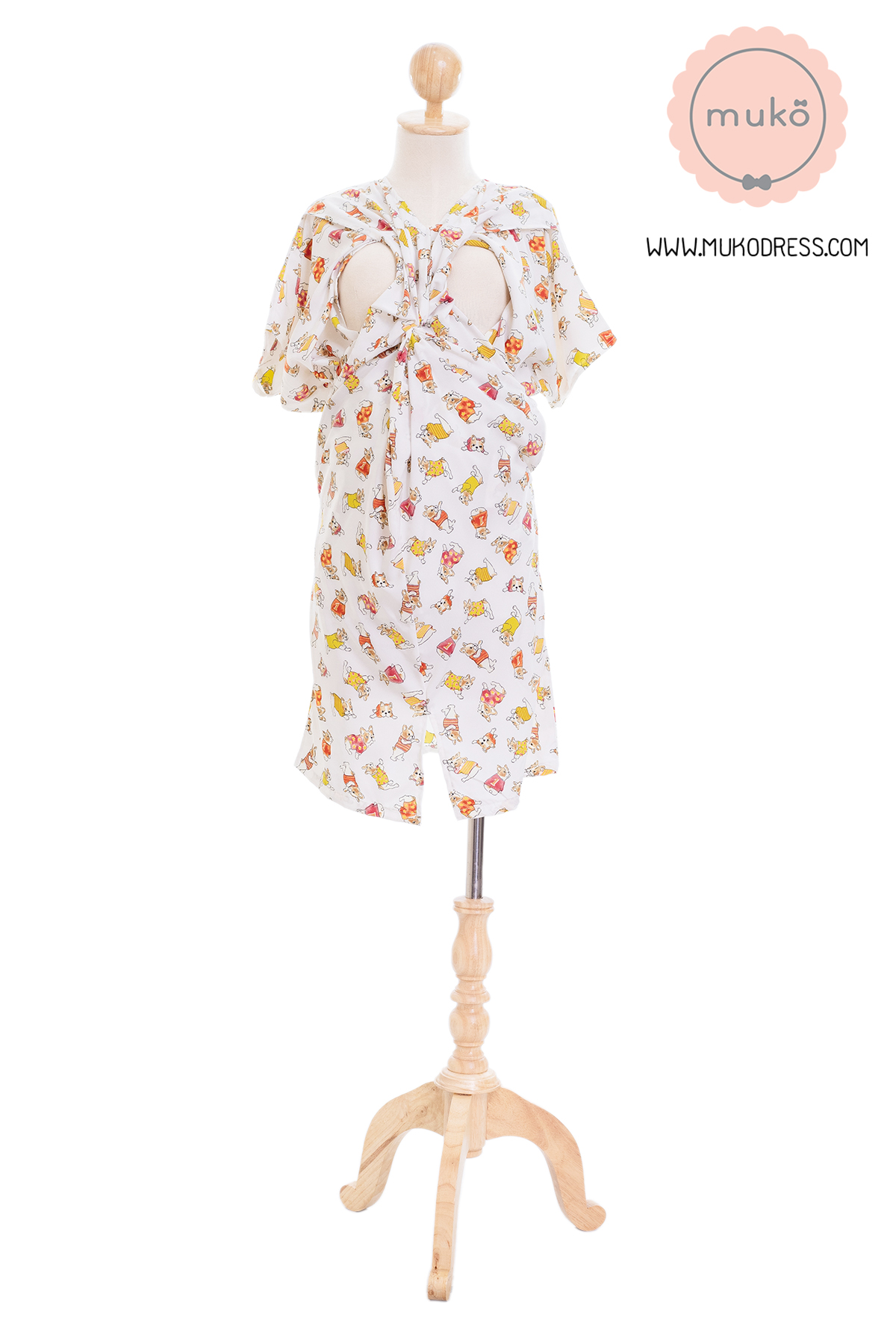 Muko Rose Mallow เดรสเปิดให้นม คลุมท้อง DP05-016 ขาวลายหมา