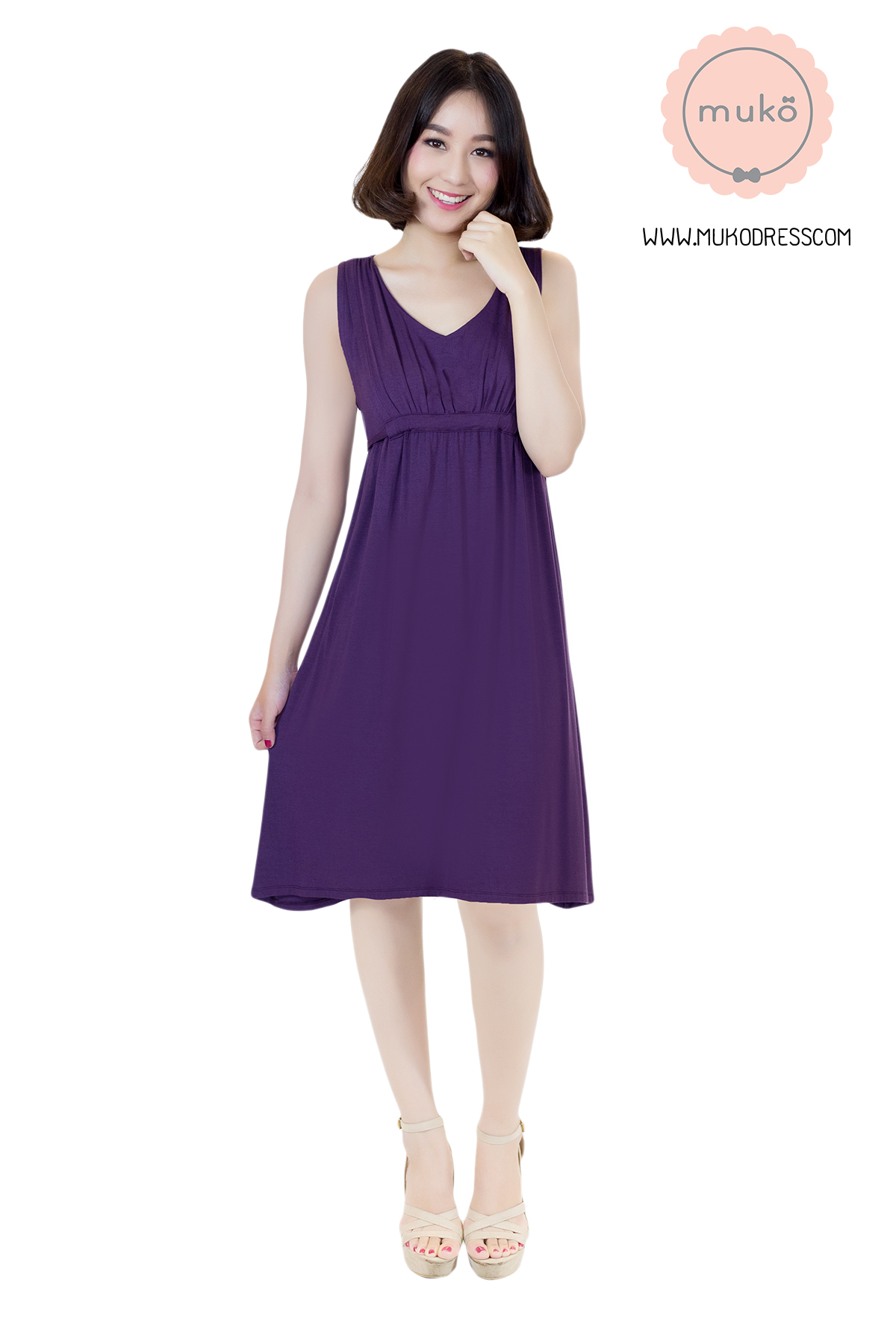 Muko Little Brownie (ชุดยาว 42”) เดรสให้นม คลุมท้อง DR07-017 ม่วงเข้ม