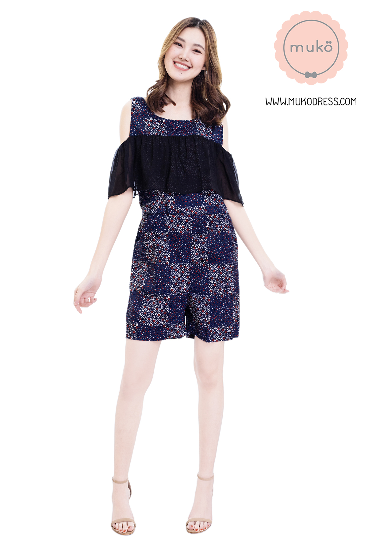 Muko Jeanne จัมพ์สูท เปิดให้นม คลุมท้อง JS01-005 สีกรมลายตาราง