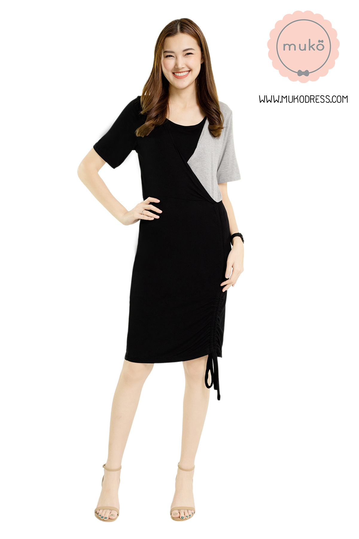 Muko Kristy เดรสให้นม คลุมท้อง DR33-001 ดำ-เทาอ่อน