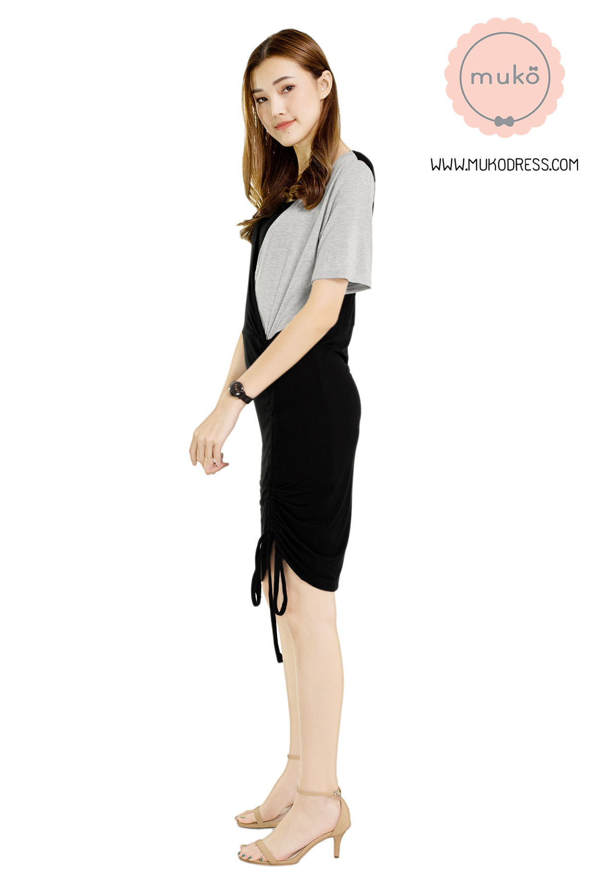 Muko Kristy เดรสให้นม คลุมท้อง DR33-001 ดำ-เทาอ่อน