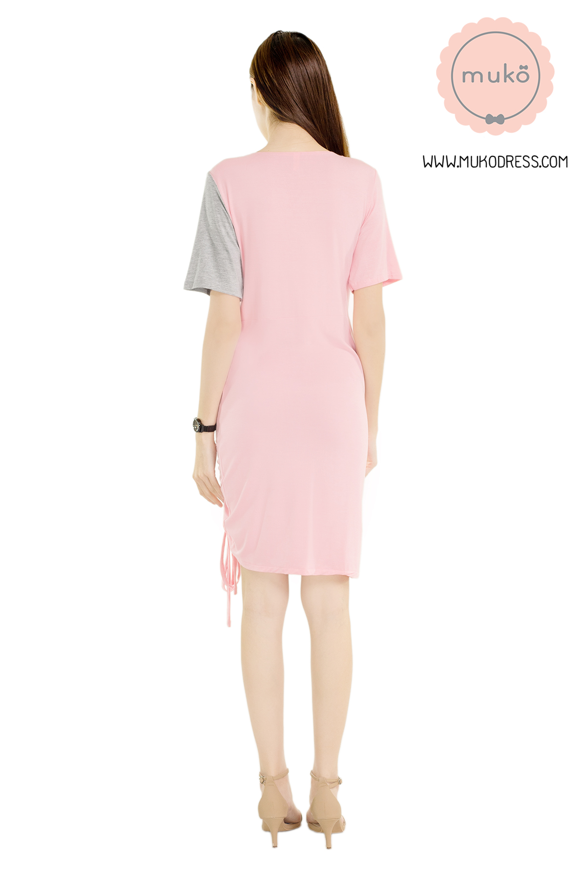 Muko Kristy เดรสให้นม คลุมท้อง DR33-003 ชมพู-เทาอ่อน