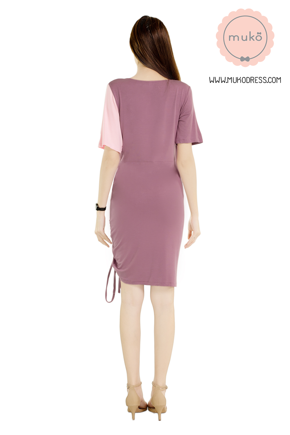 Muko Kristy เดรสให้นม คลุมท้อง DR33-006 กะปิ-ชมพู