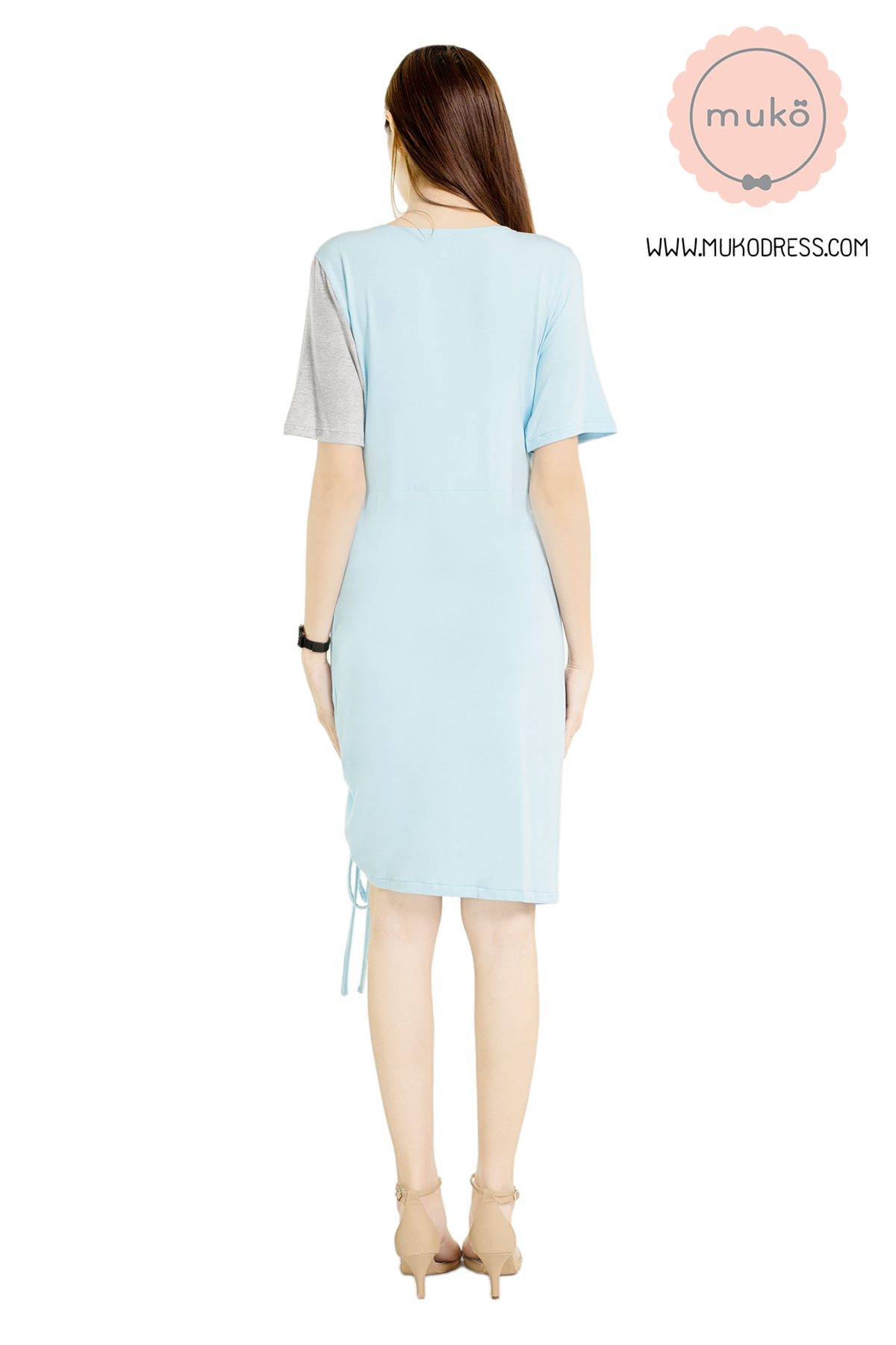 Muko Kristy เดรสให้นม คลุมท้อง DR33-007 ฟ้า-เทาอ่อน