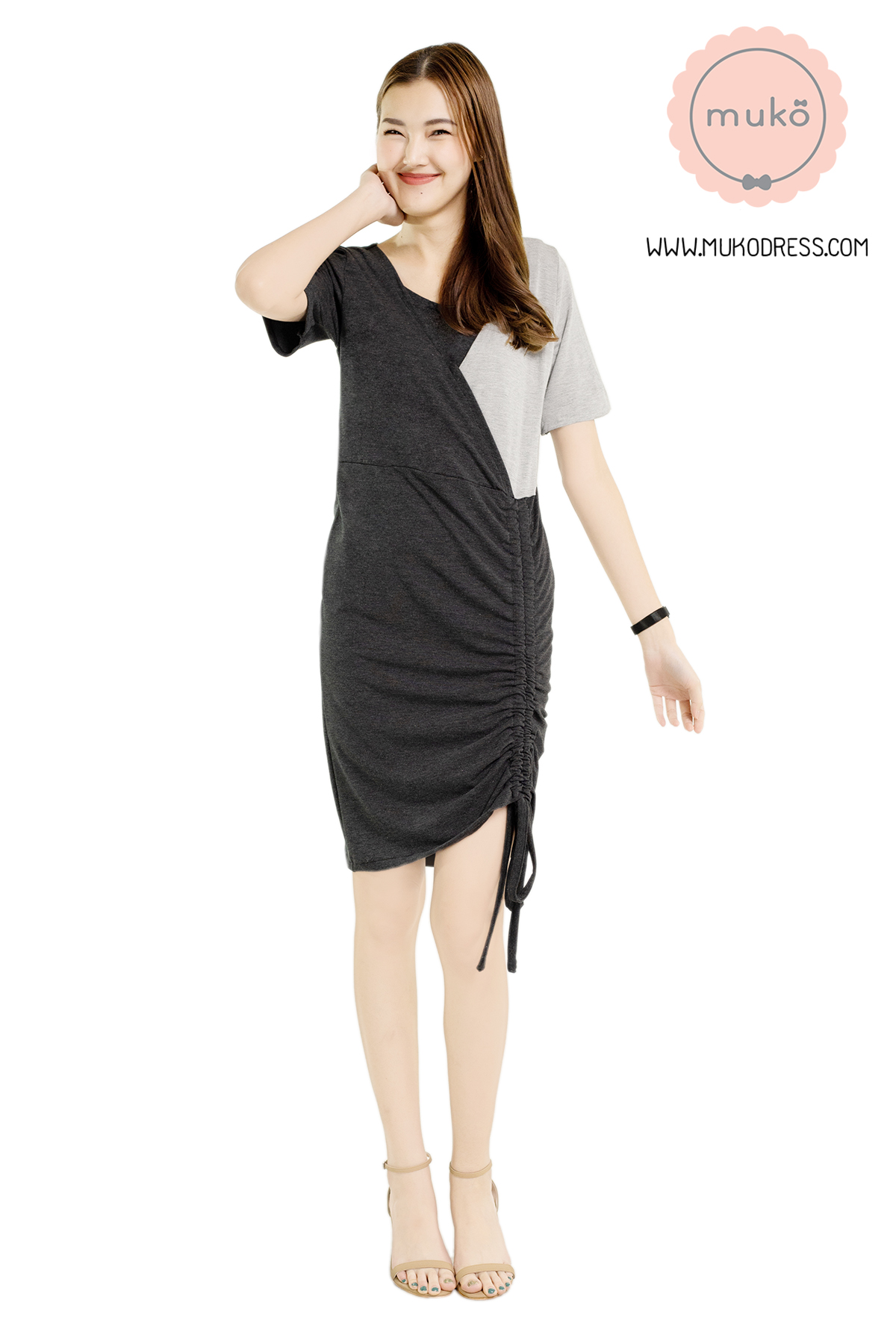 Muko Kristy เดรสให้นม คลุมท้อง DR33-009 เทาเข้ม-เทาอ่อน