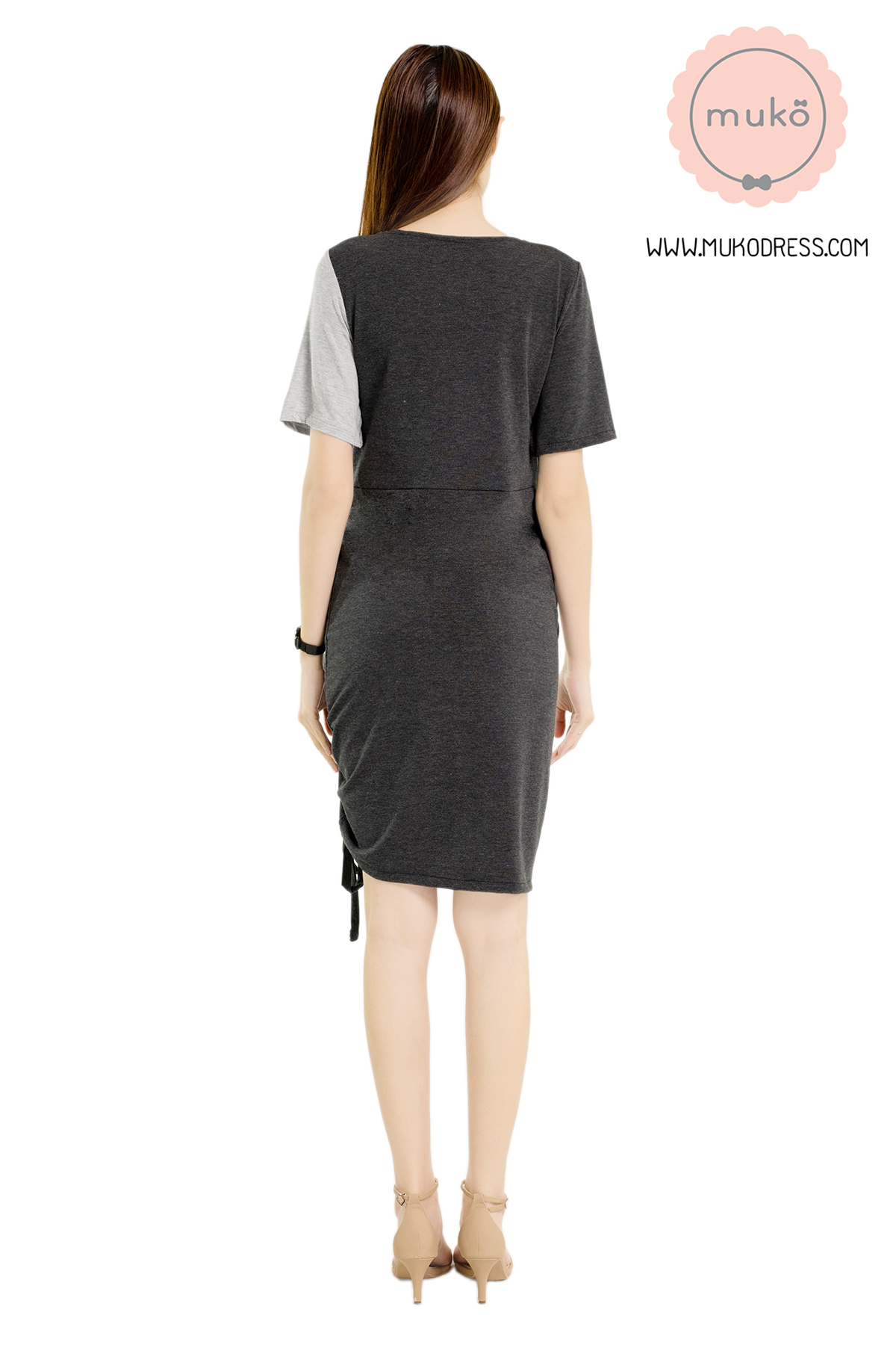 Muko Kristy เดรสให้นม คลุมท้อง DR33-009 เทาเข้ม-เทาอ่อน