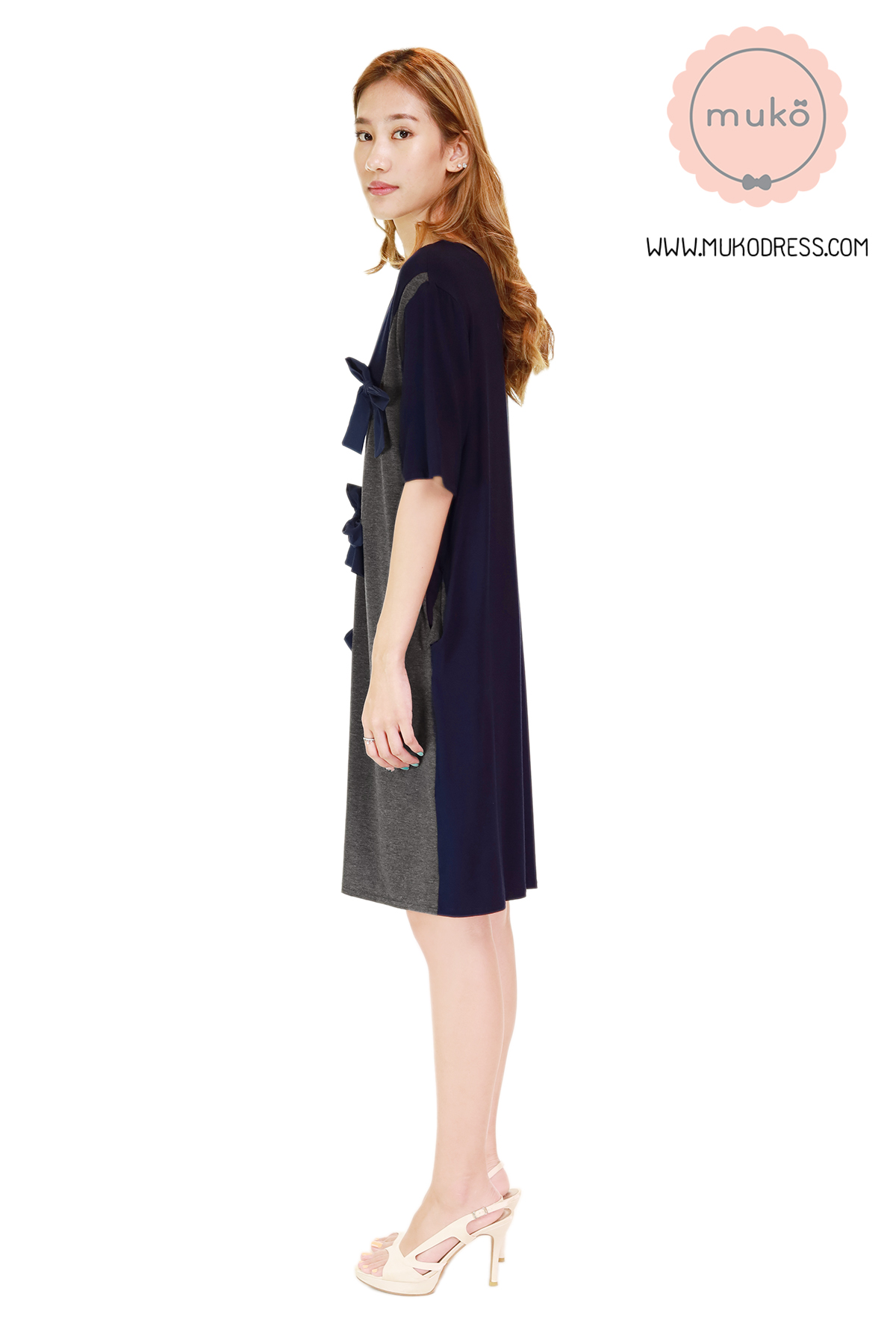 Muko Poem เดรสให้นม คลุมท้อง DR30-012 กรมท่า-เทาเข้ม