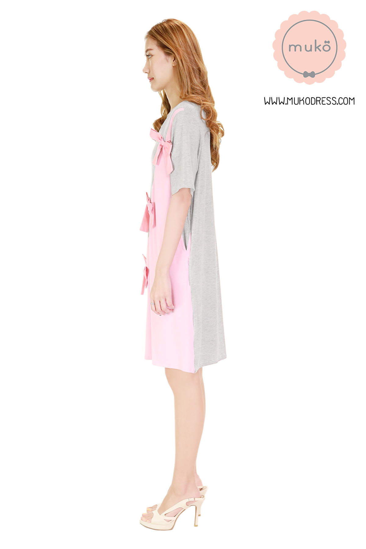Muko Poem เดรสให้นม คลุมท้อง DR30-010 เทาอ่อน-ชมพู