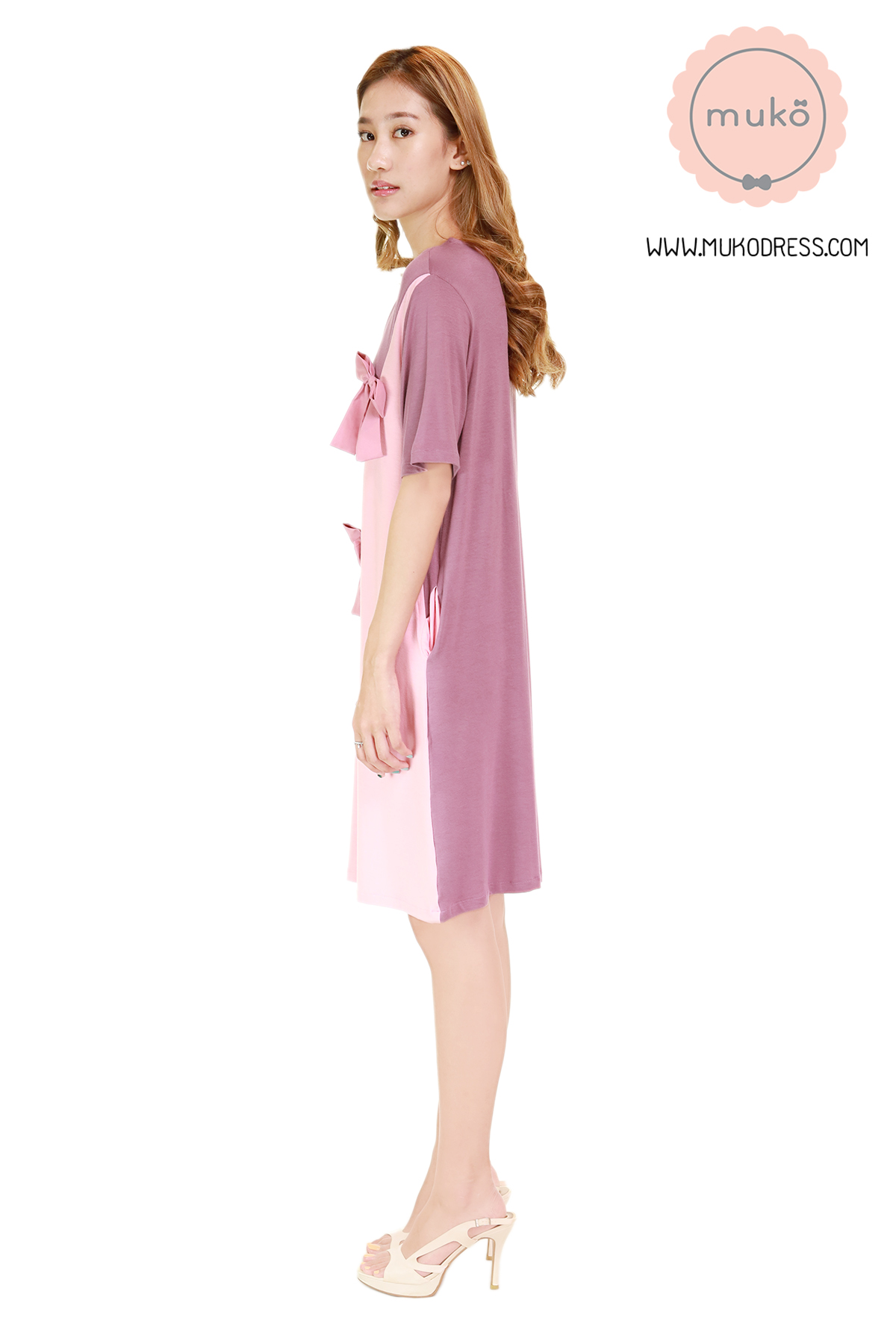 Muko Poem เดรสให้นม คลุมท้อง DR30-008 กะปิ-ชมพู
