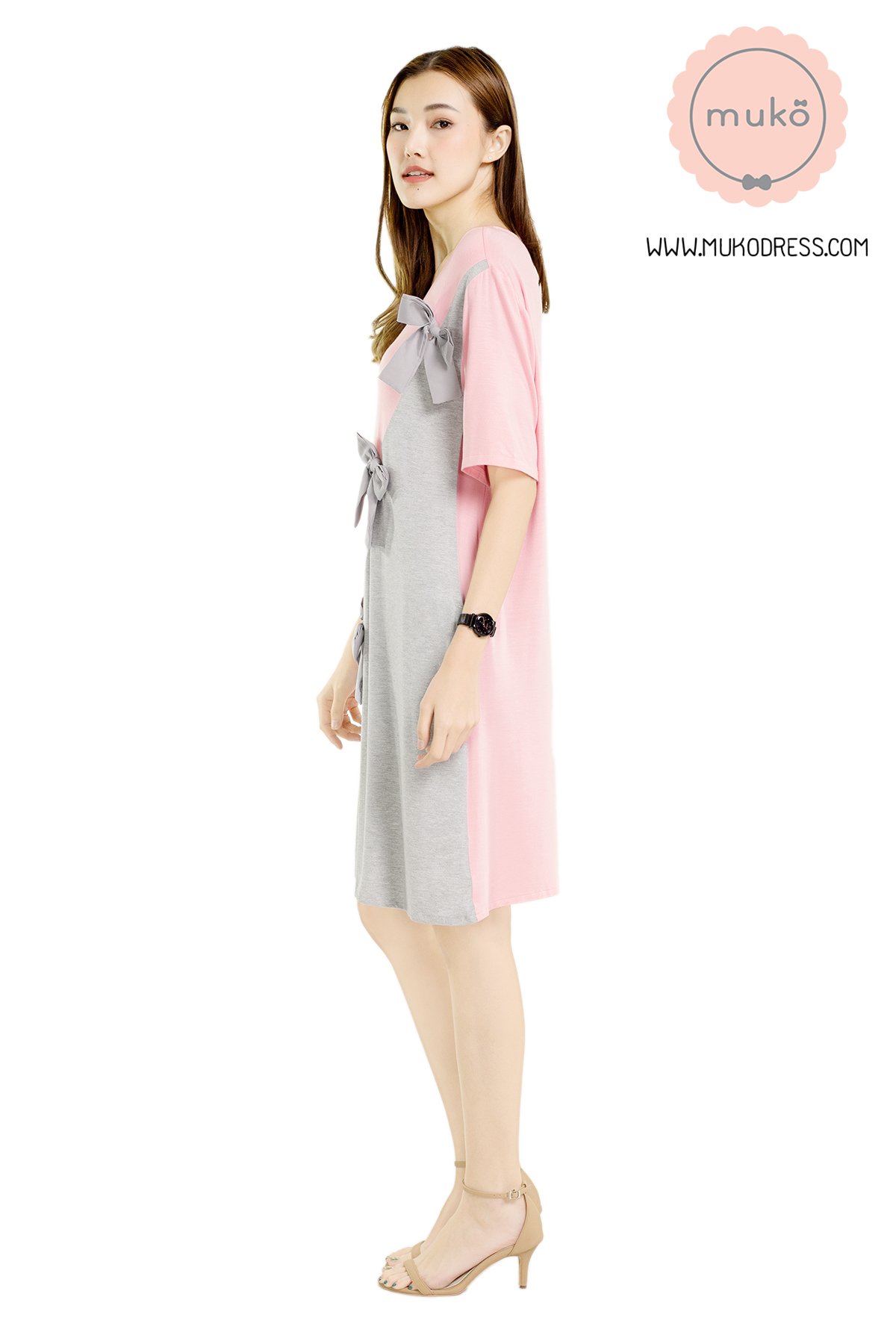 Muko Poem เดรสให้นม คลุมท้อง DR30-005 ชมพู-เทาอ่อน