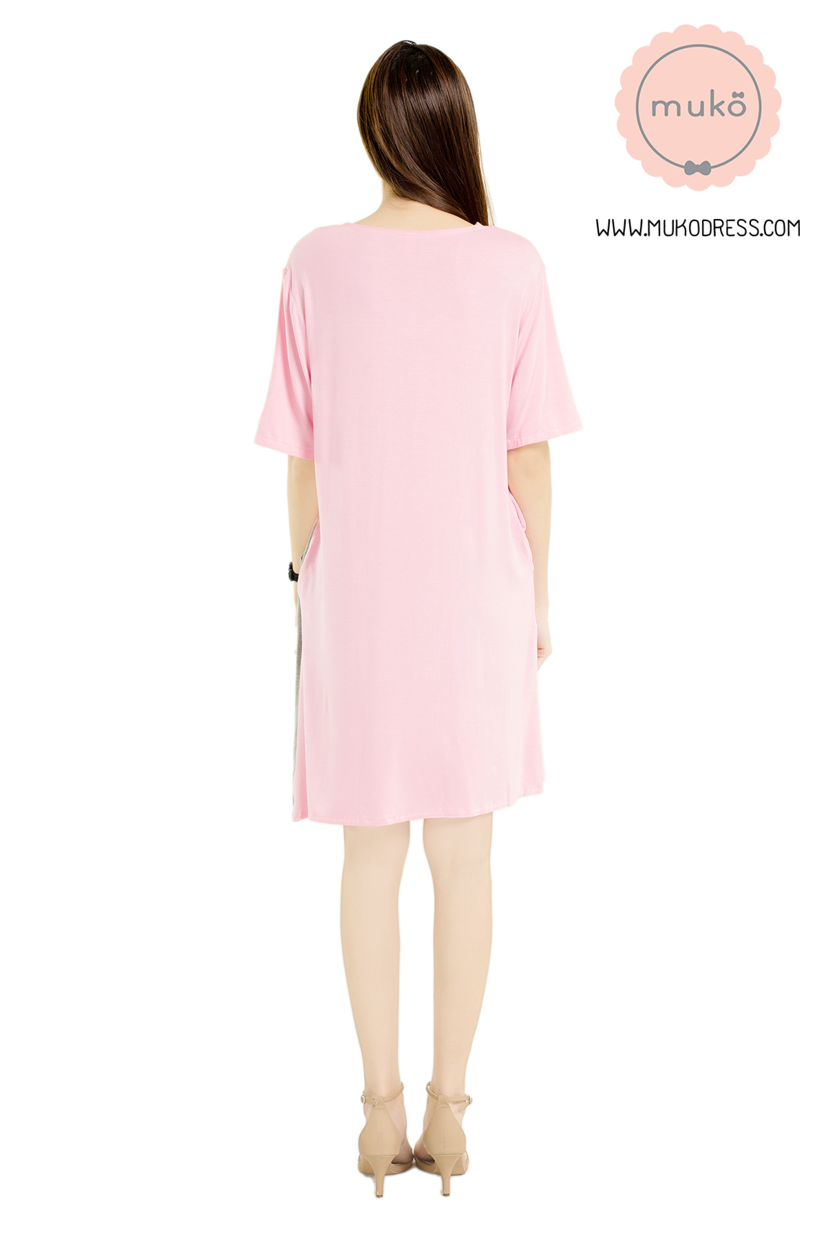 Muko Poem เดรสให้นม คลุมท้อง DR30-005 ชมพู-เทาอ่อน