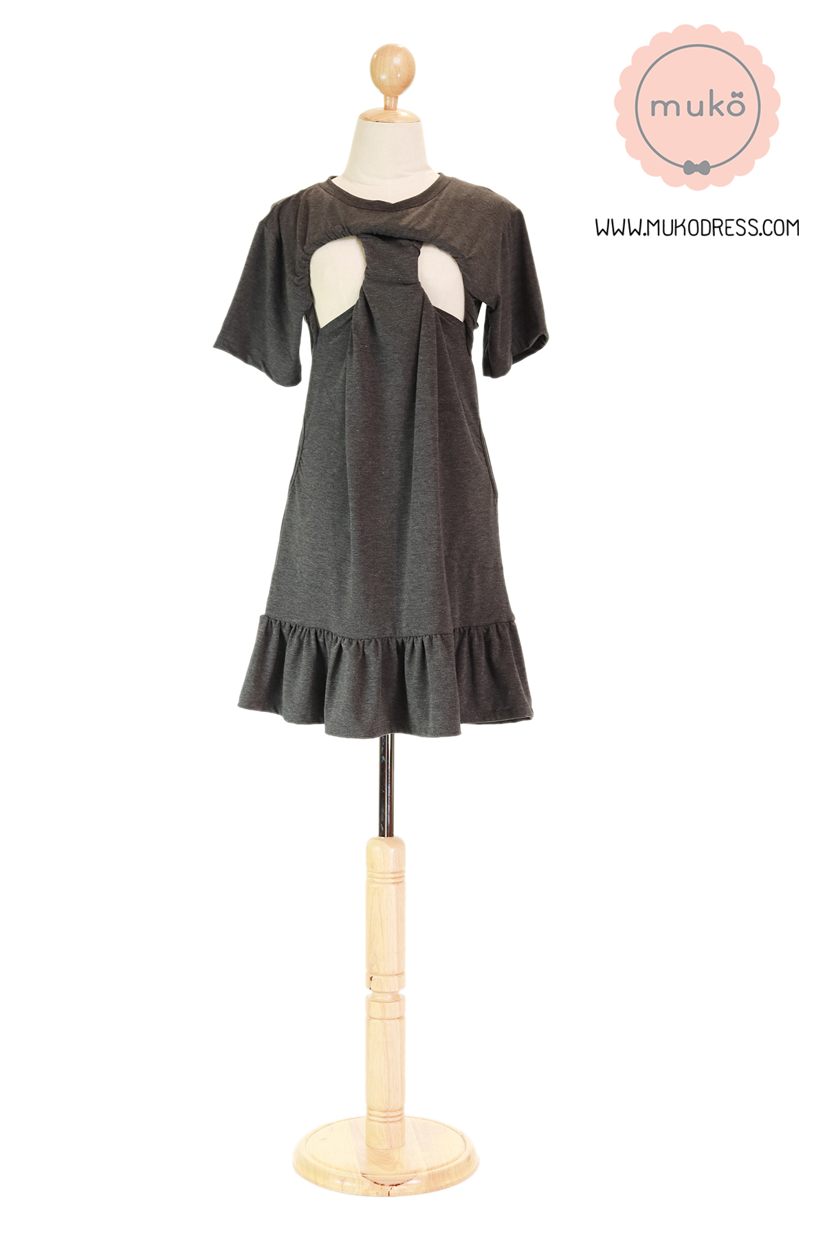 Muko Haru เดรสให้นม คลุมท้อง DR13-002M สีเทาเข้ม